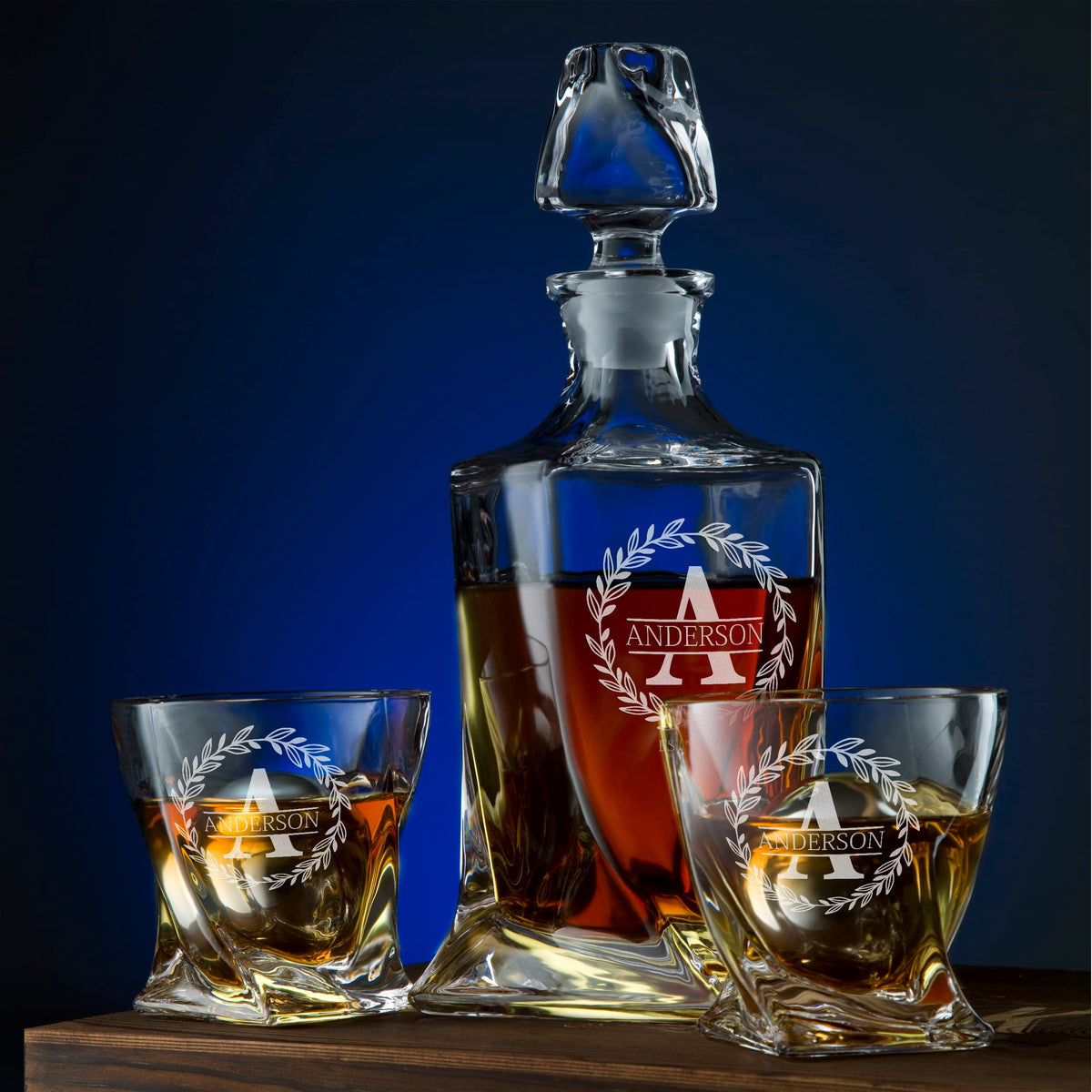Personalized Whiskey Decanter and Stones Set - Customized Gift for Him - Men, Dad, Father - Engraved Twisted Whiskey Decanter, 2 XL Glasses, 2 XL Balls, 2 Coasters, Tongs, Pouch in Wooden Box