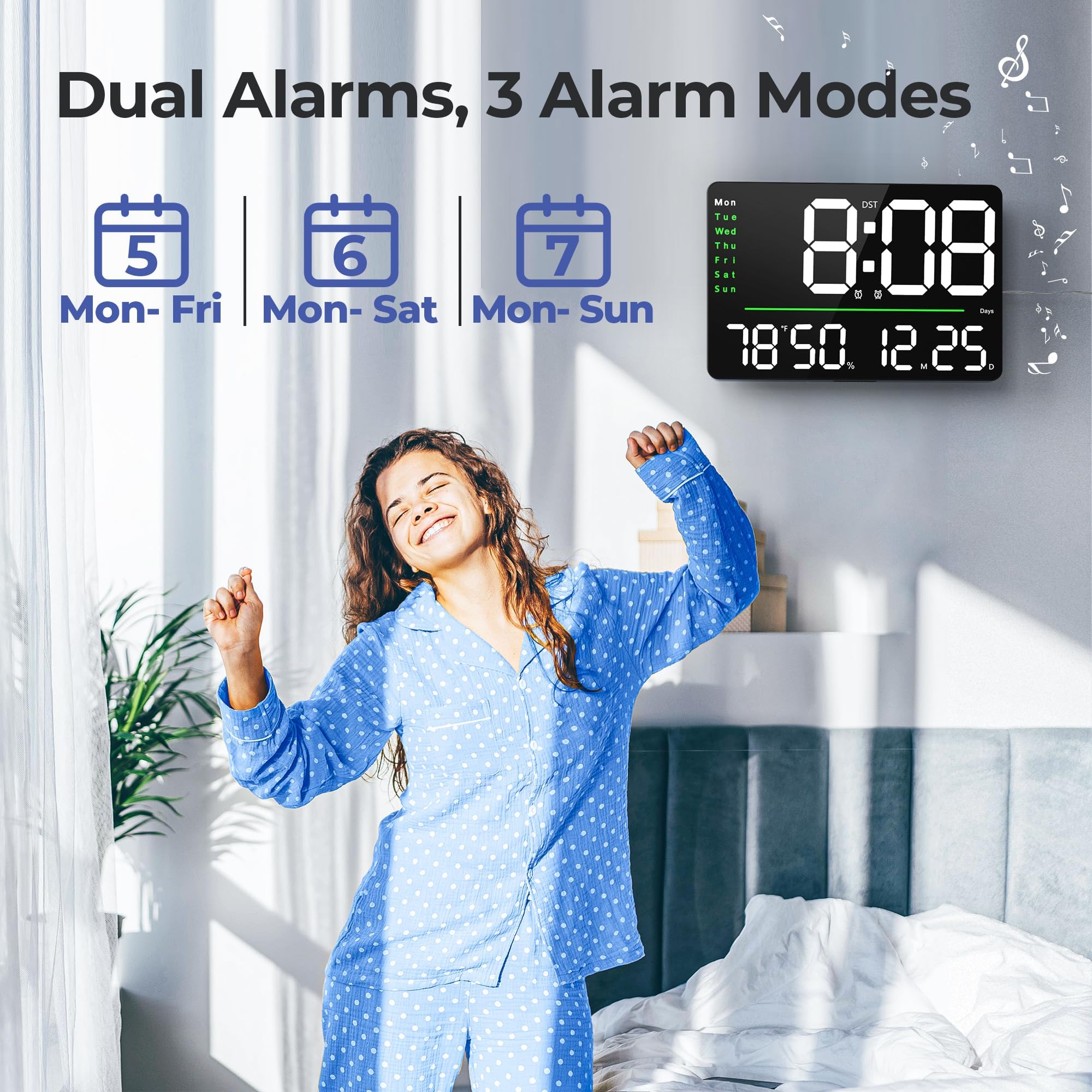 GOLOZA 16" Large Digital Wall Clock with Remote Control, DST, Stopwatch, Timer, Auto/Custom Dimmer, Temp, Humidity, Dual Alarms, Mounted, Room Dรฉcor for Living Room/Gym/Garage, Gift for Elderly