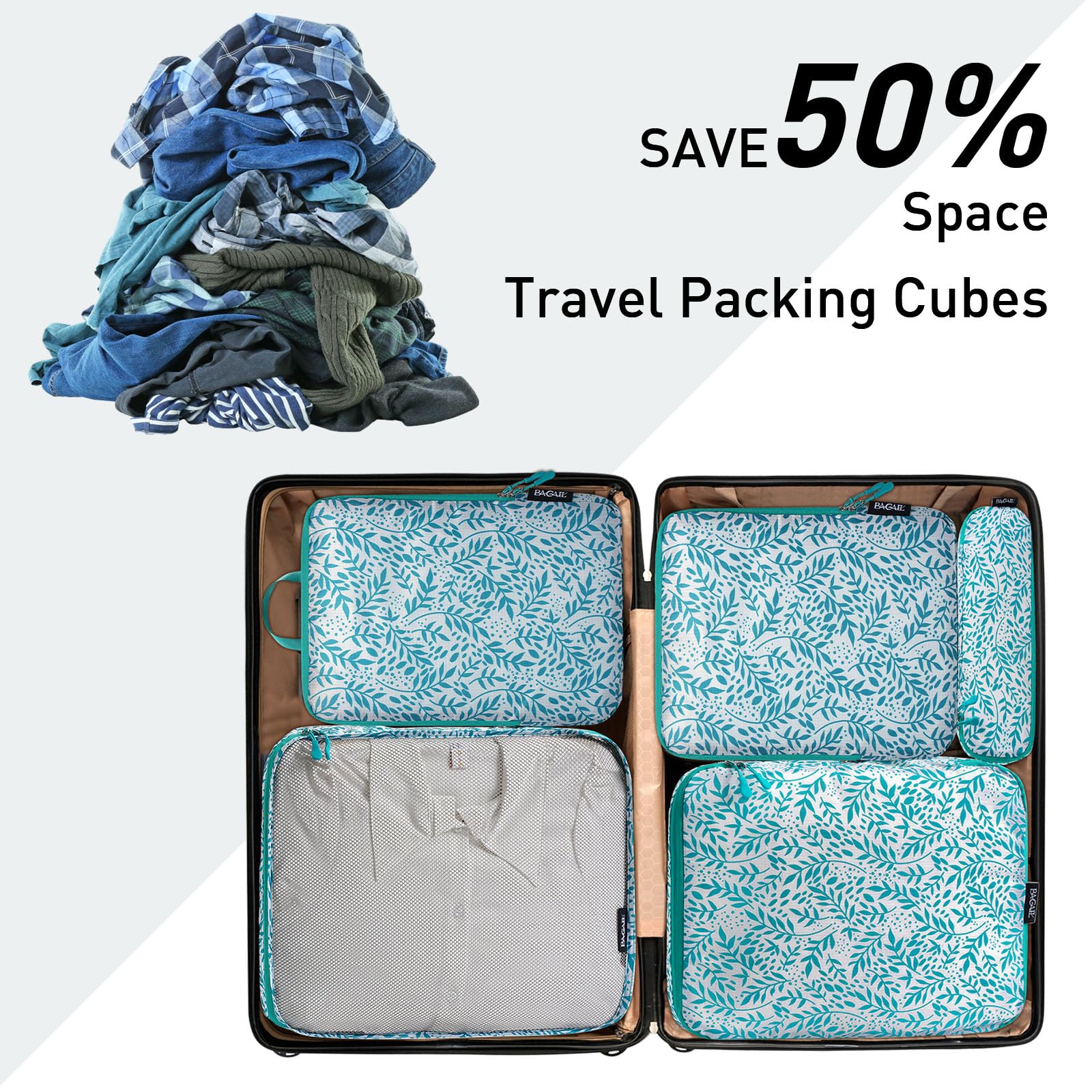 Bagail Ultralight 3 Compression Packing Cubes 3 Packing Organizers With 1 Shoe Bag-Leaf, 7 Set