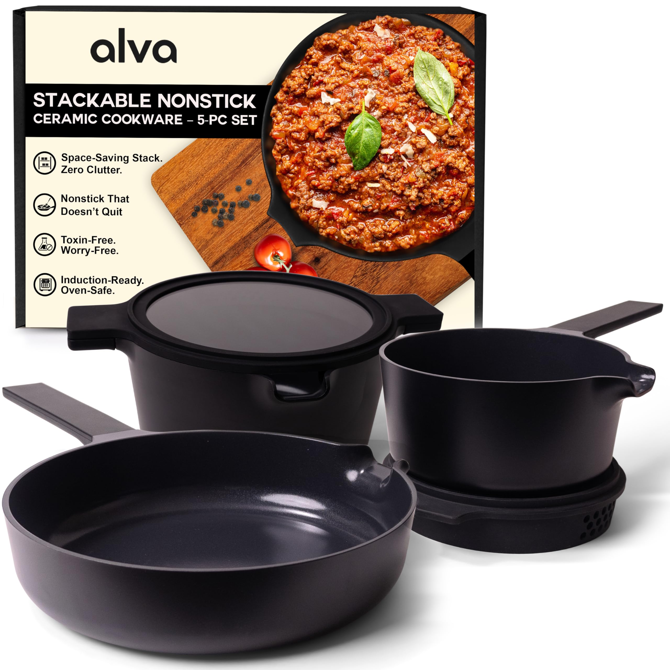Alva Neat 5-Piece Nested Nonstick Ceramic Cookware Set - Made without PFAS, PFOA & PTFE – Induction & All Stovetop Compatible, Oven Safe, Easy to Clean – Space-Saving Design, Black