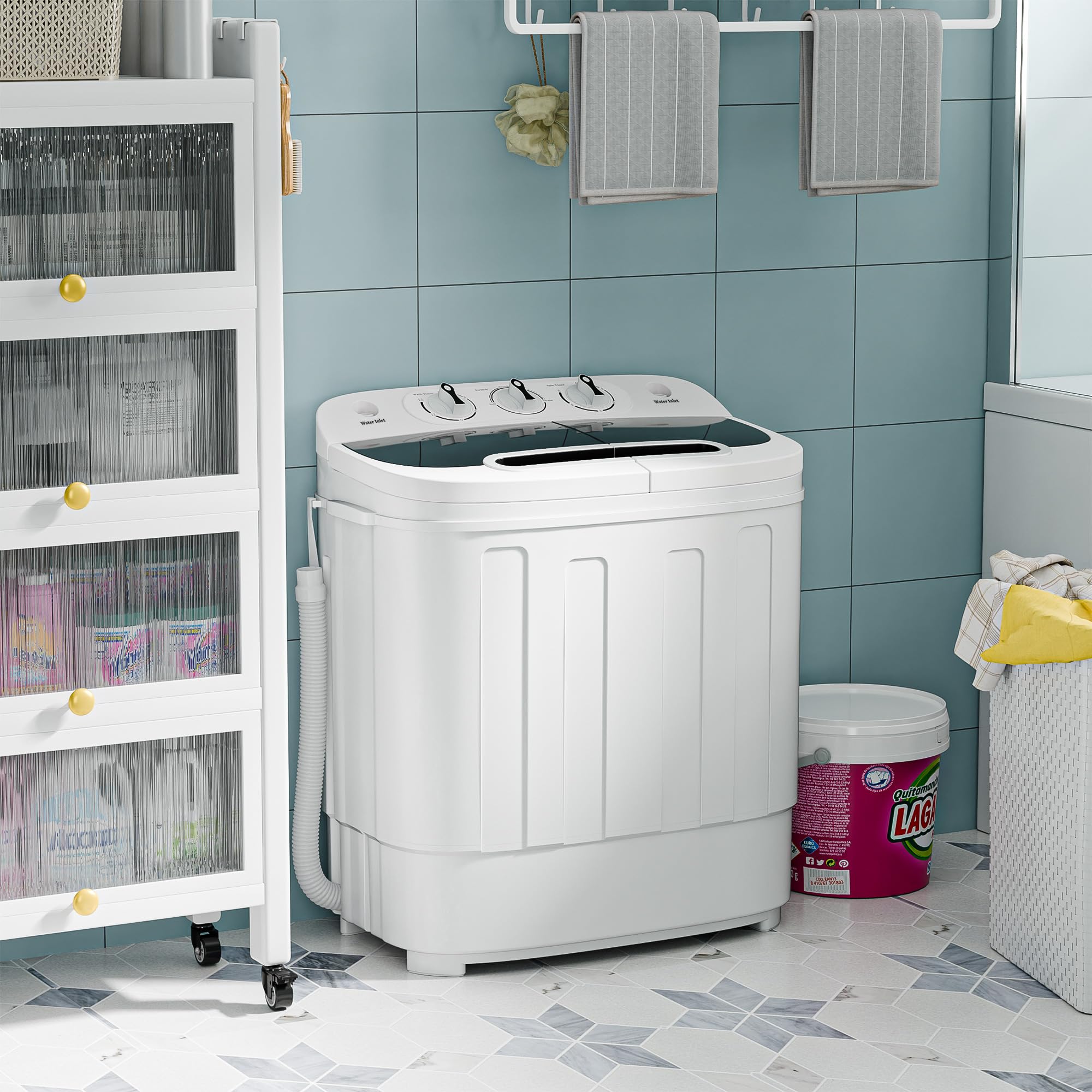SUPER DEAL Compact Mini Twin Tub Washing Machine 13lbs Capacity Portable Washer Wash and Spin Cycle Combo, Built-in Gravity Drain for Camping, Apartments, Dorms, College, RV’s and Small Spaces