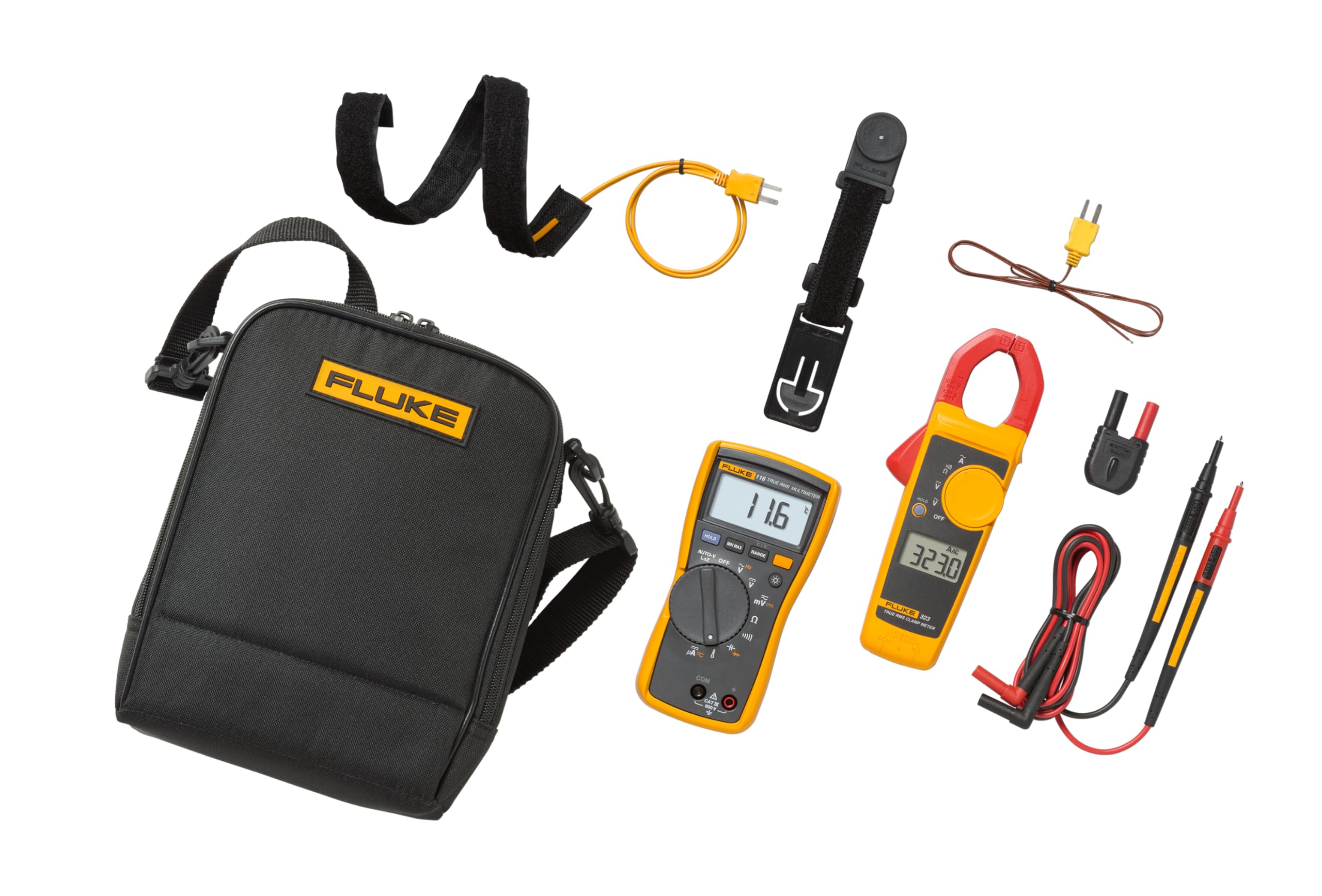 Fluke 116/323 KIT Multimeter and Clamp Meter HVAC Combo Kit, AC/DC Voltage, AC Current 400 A, Microamps To Test Flame Sensors, Includes Temp Probe, Test Leads, TPAK And Carrying Case