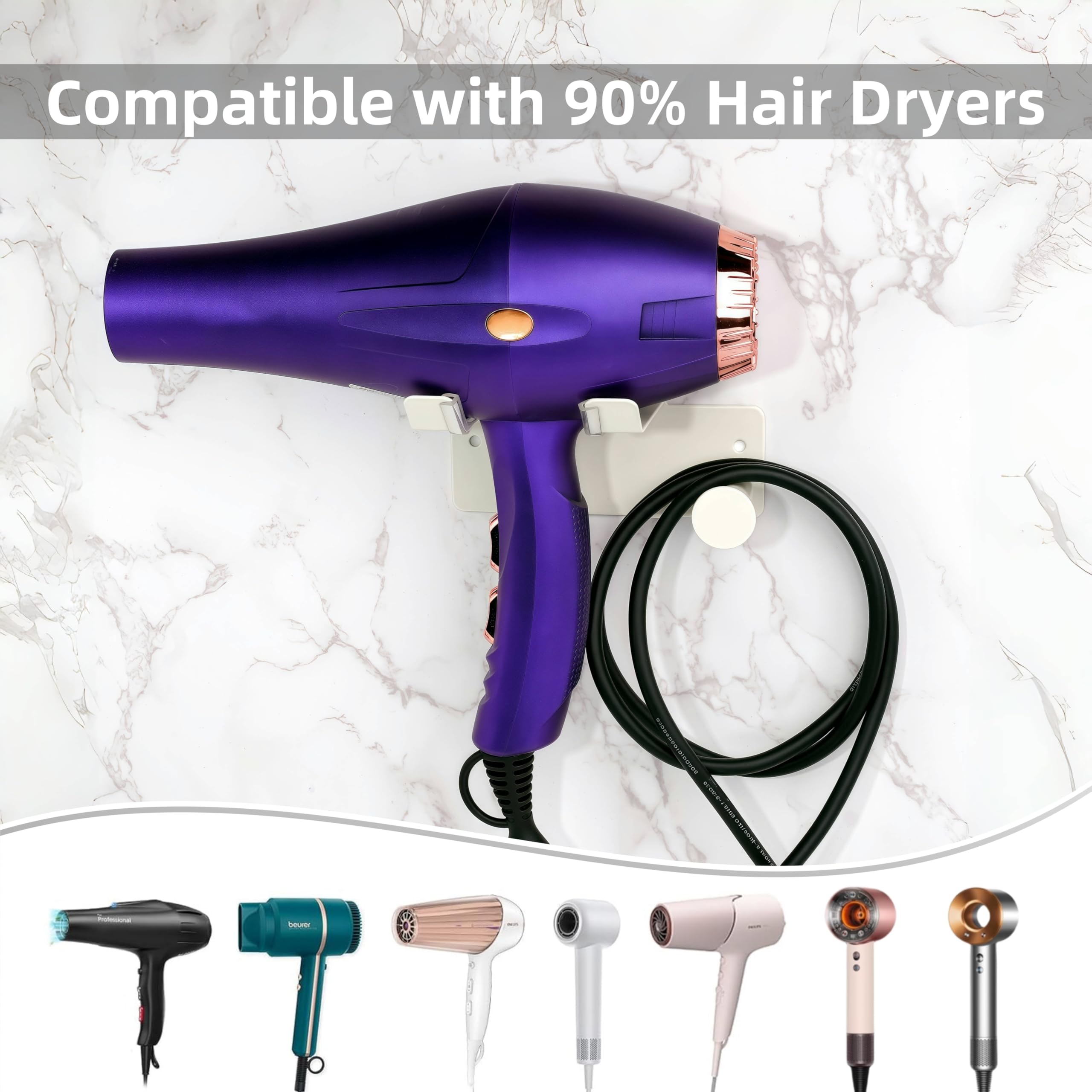 Hair Dryer Holder Stainless Steel, Blow Dryer Holder Self Adhesive, Dyson Hair Dryer Holder Wall Mounted Compatible with Dyson, Hairdryer Holder for Bathroom White PTALSEAW