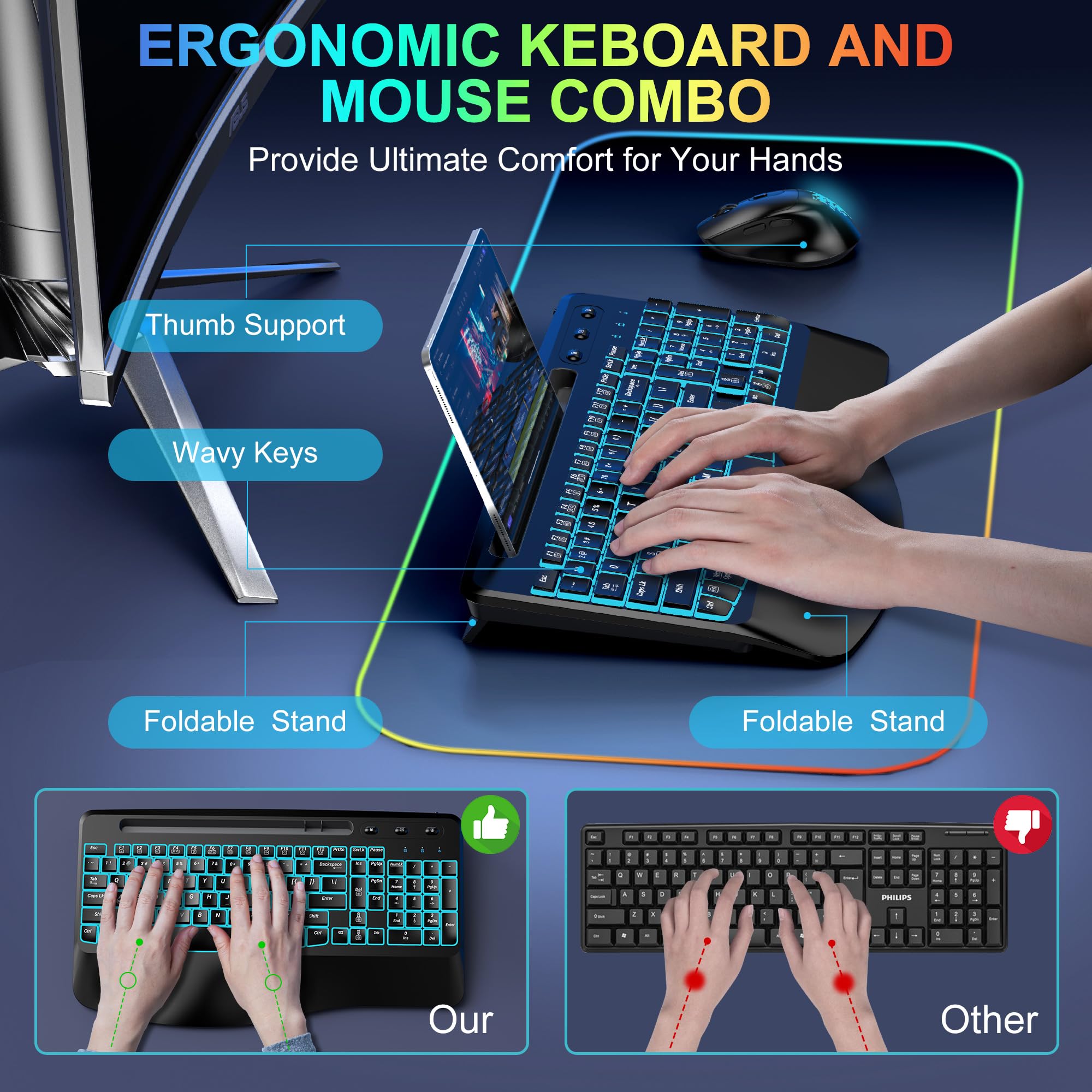 Wireless Keyboard and Mouse Combo Telylou Ergonomic Quiet Keyboard Mouse Combo 7 Backlit Effects, Wrist Rest, Phone Tablet Holder 2.4GHz Ergonomic Mouse and Keyboard for Windows, Mac, Computer, PC
