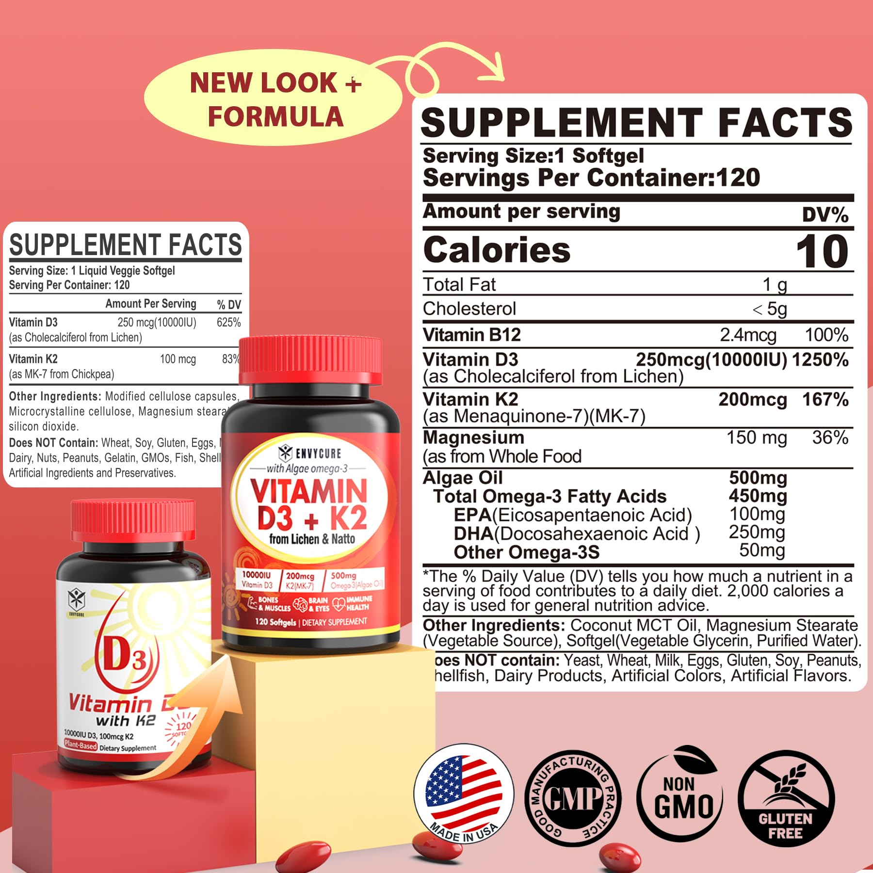 Plant-Based Vitamin D3 K2 Supplement Softgel - Vit D3 10000 Iu + Vitamin K2 Mk7 200 Mcg, Algae Omega-3, Magnesium, Vitamin B12 For Bone & Muscle, Immune Support, Max Absorption, Easy To Swallow 1pack