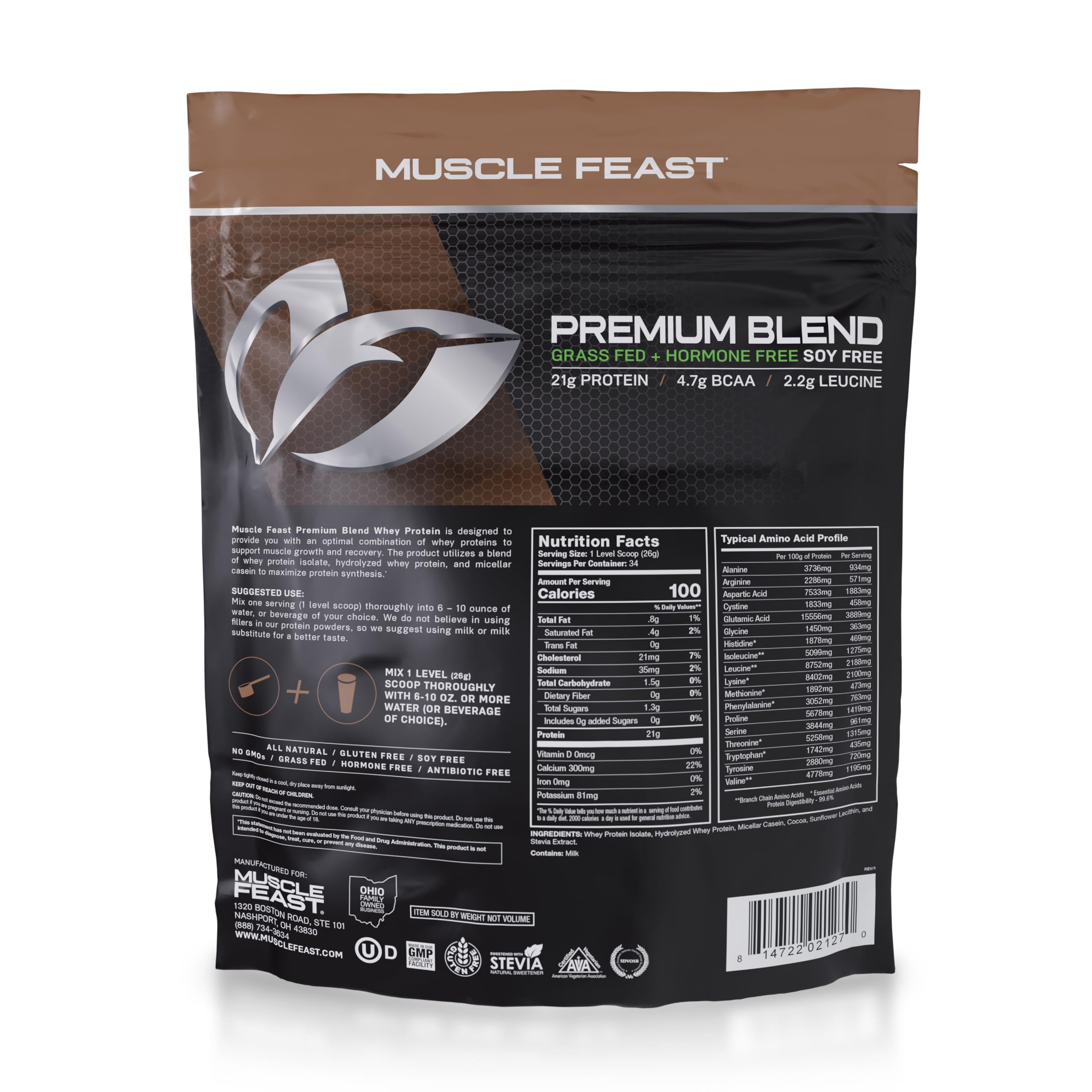 Muscle Feast Premium Blend All Natural Hormone Free Grass-Fed Whey Protein Powder, Chocolate, 2lb