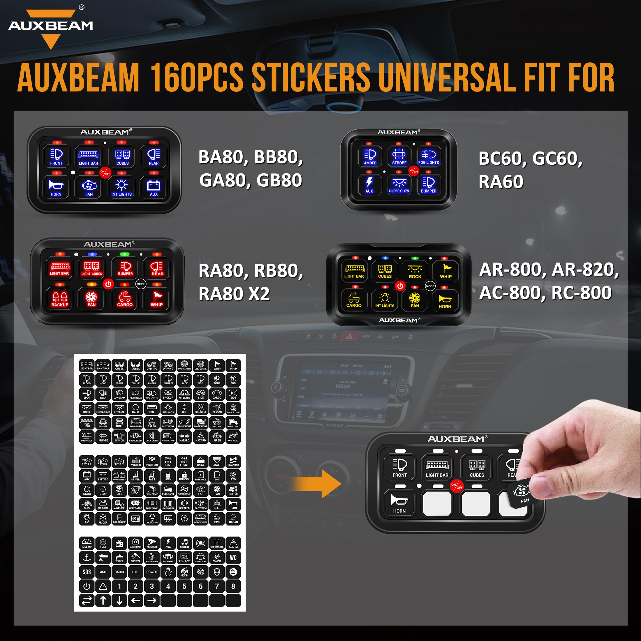 Auxbeam Switch Panel Sticker for 6/8 Gang Switch Panel Label Decal for Circuit Panel Marine Boat Truck Camper Dashboard Switch Control Labels, 160PCS
