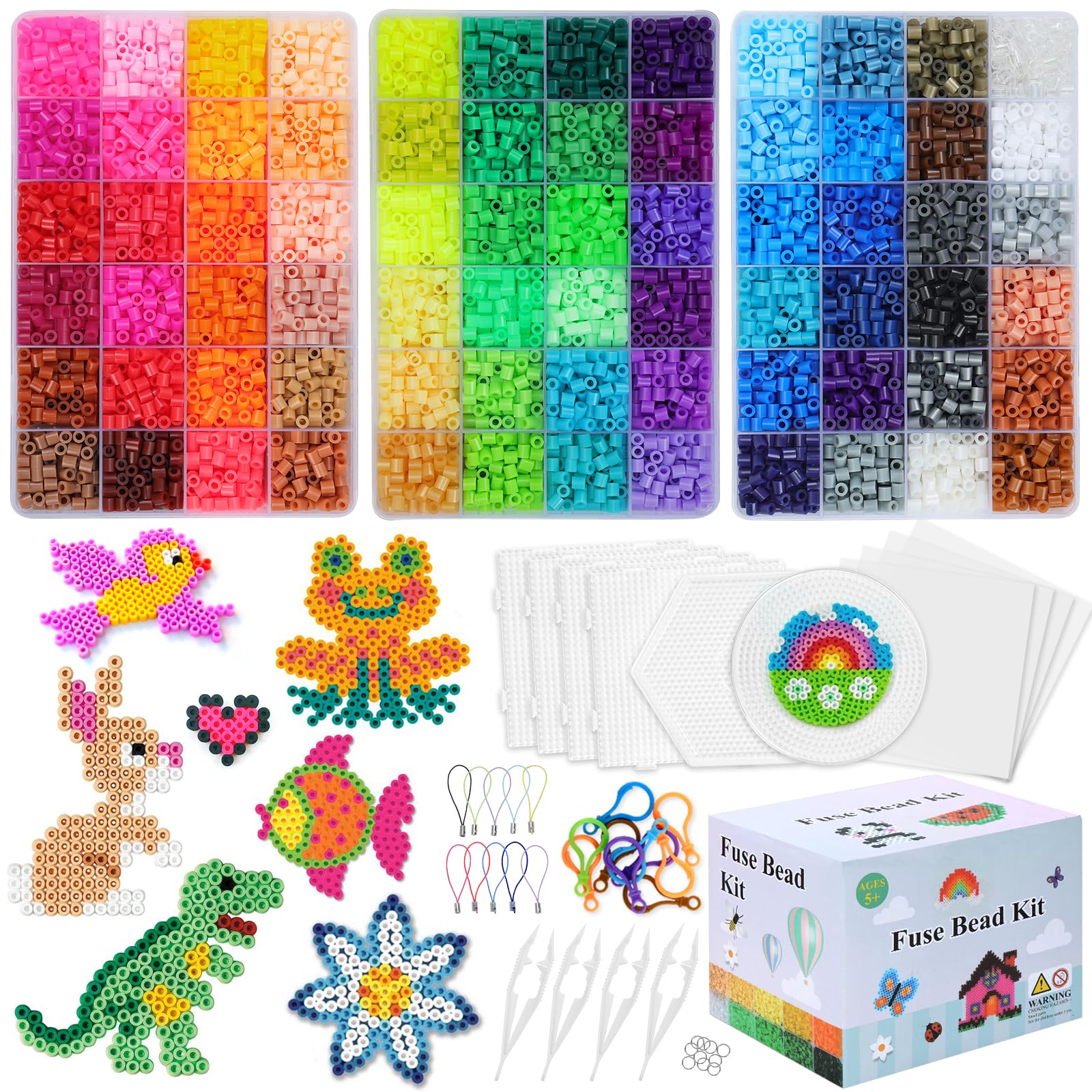 QUEFE Fuse Beads Kit of 72 Assorted Colors, 15000 5mm Beads Craft Kit Including Pegboard, Melting Beads, Ironing Paper, Tweezers & Colorful Hooks, Great Creative Arts and Crafts Set for Girls