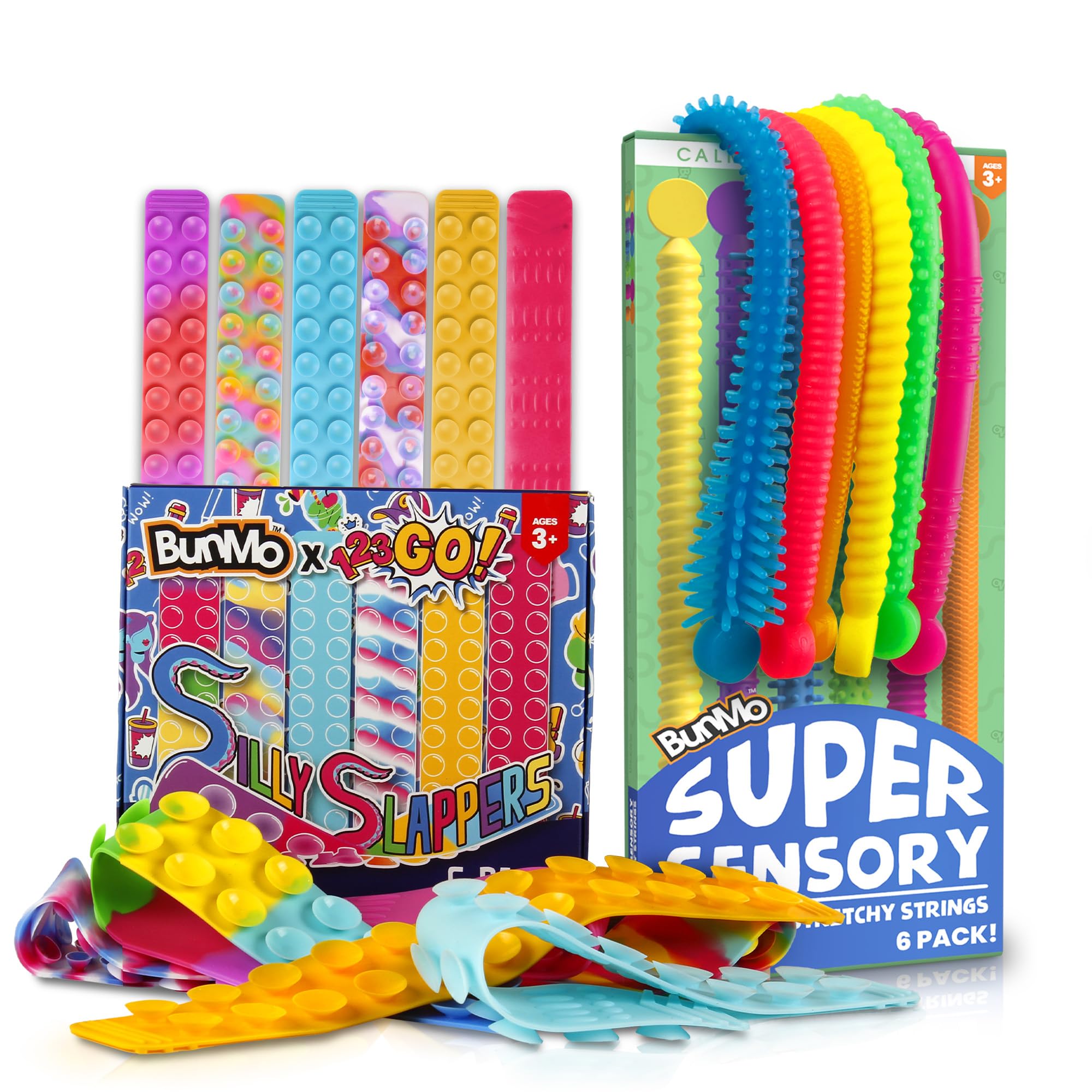 BUNMO Bundles Silly Slappers & Super Sensory Stretchy Strings - Fun Suction Slappers for Wild Fun - Sticky Hands - Monkey Stretch Noodles - Slap Bracelets - Sensory Toys for Children