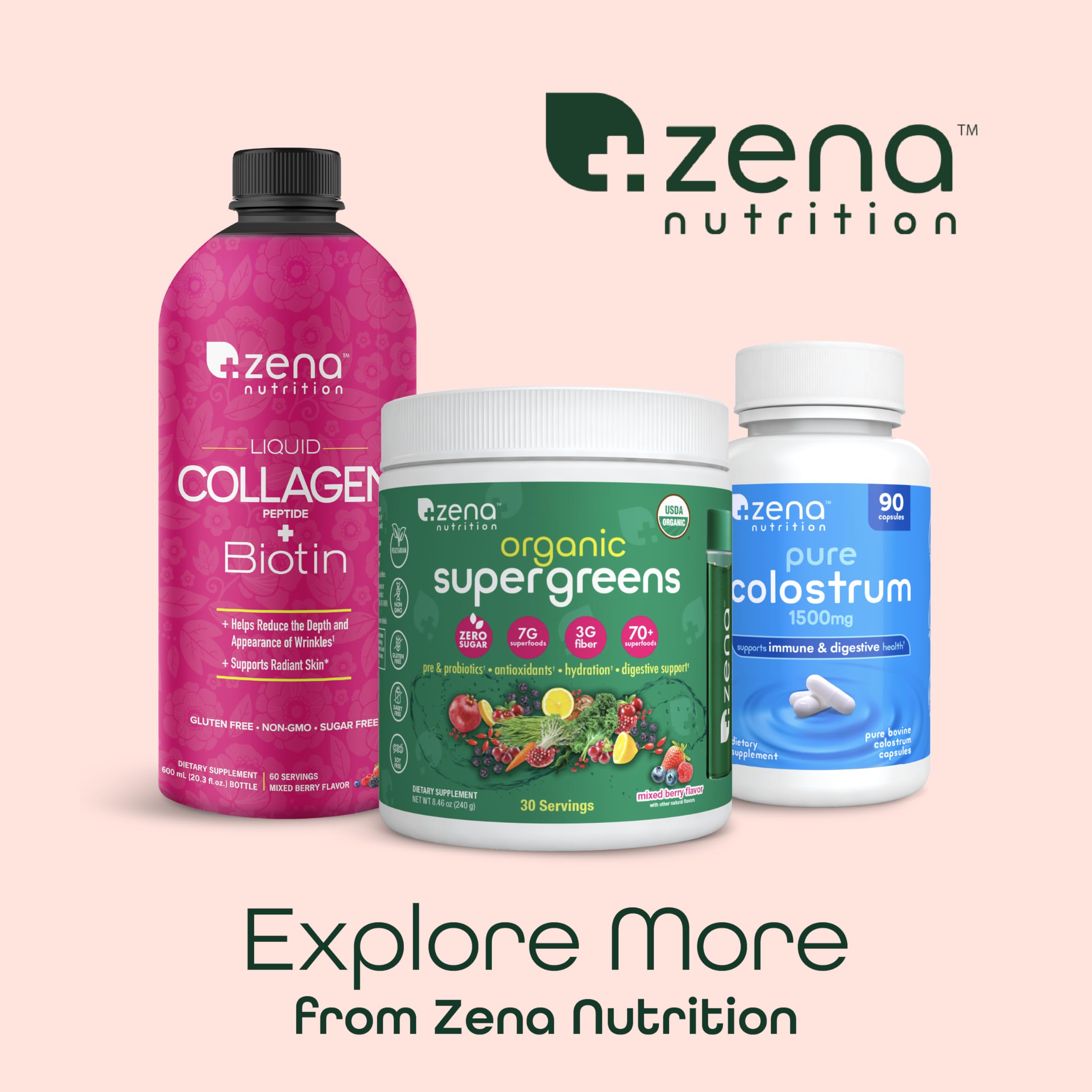 Zena Nutrition Liquid Collagen Peptides and Biotin, 2500mg Verisol Bioactive Collagen Peptides, 5000mcg Biotin, Hair, Skin, Nail Supplement for Women and Men, Mixed Berry, 90 Servings, 30 fl oz