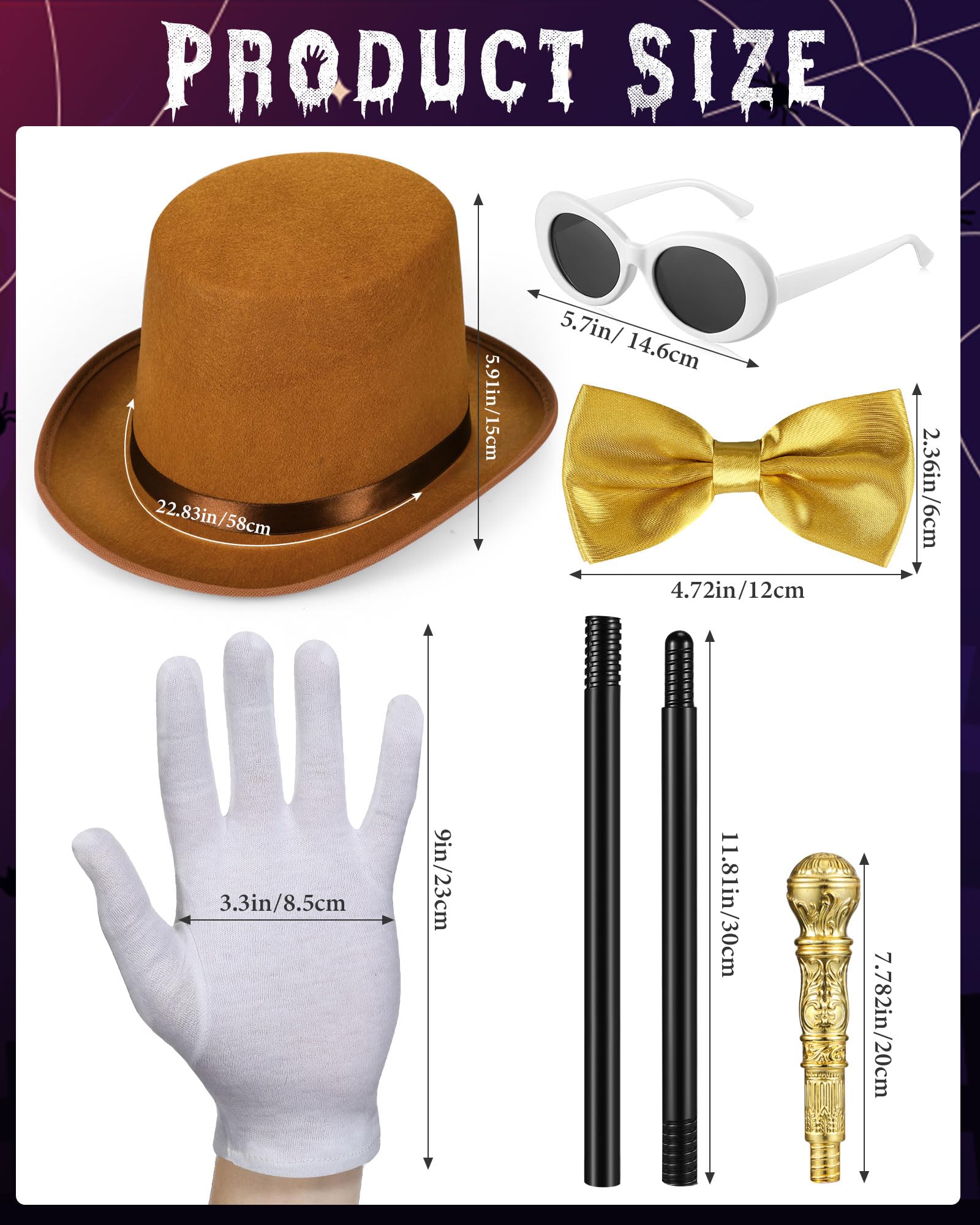 Ramede 5 Pcs Brown Top Hat Costume Set Includes Brown Top Hat Walking Scepter Oval Retro Sunglasses Bow Tie Uniform Gloves Costume Halloween Costumes Accessories for Parade Cosplay Dance Recitals