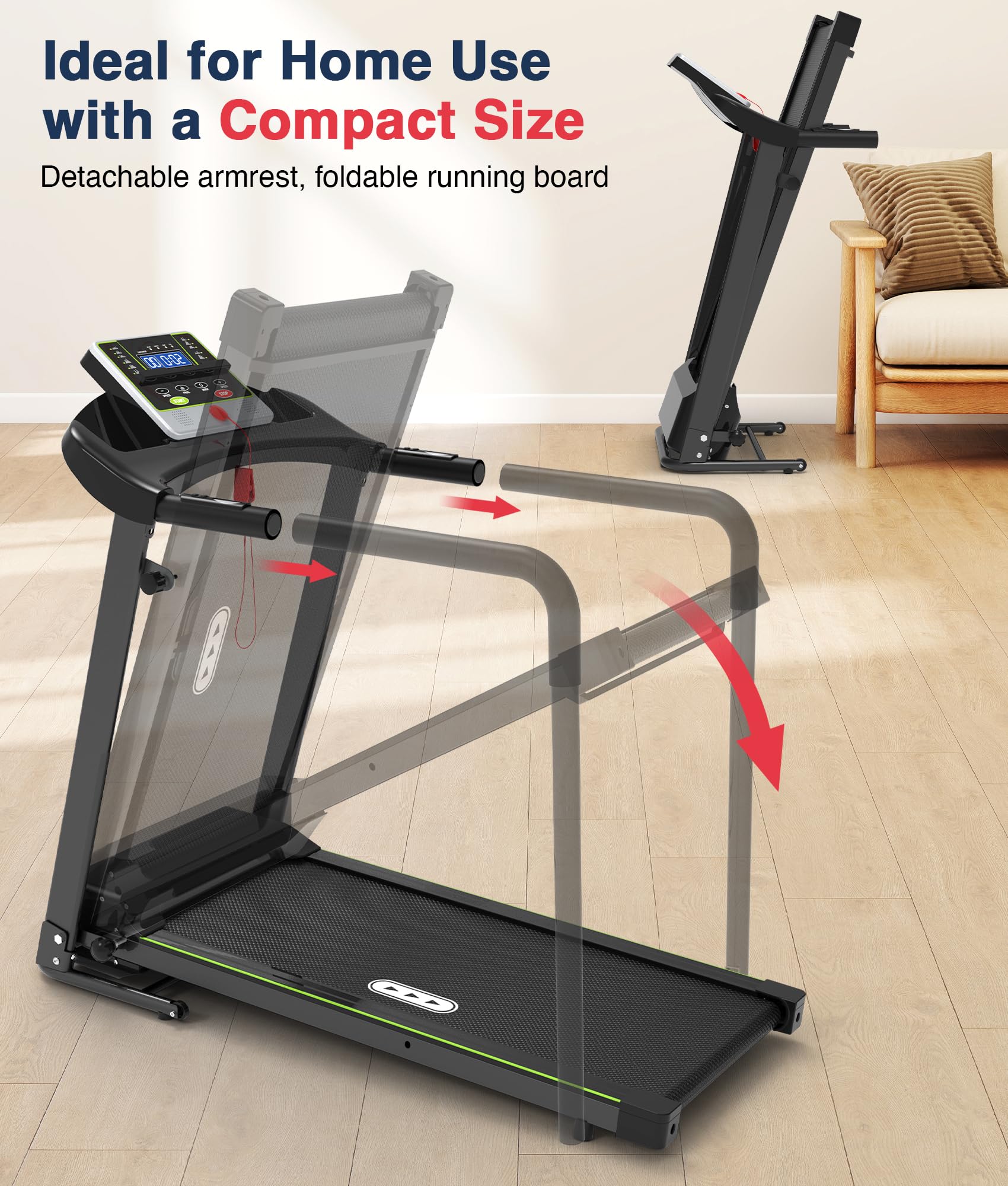 Redliro Walking Treadmill with Long Handrail for Balance, Recovery Fitness Exercise Machine Foldable for Home use with Holder for Phone & Cup,LCD Display, 300 lbs Capacity