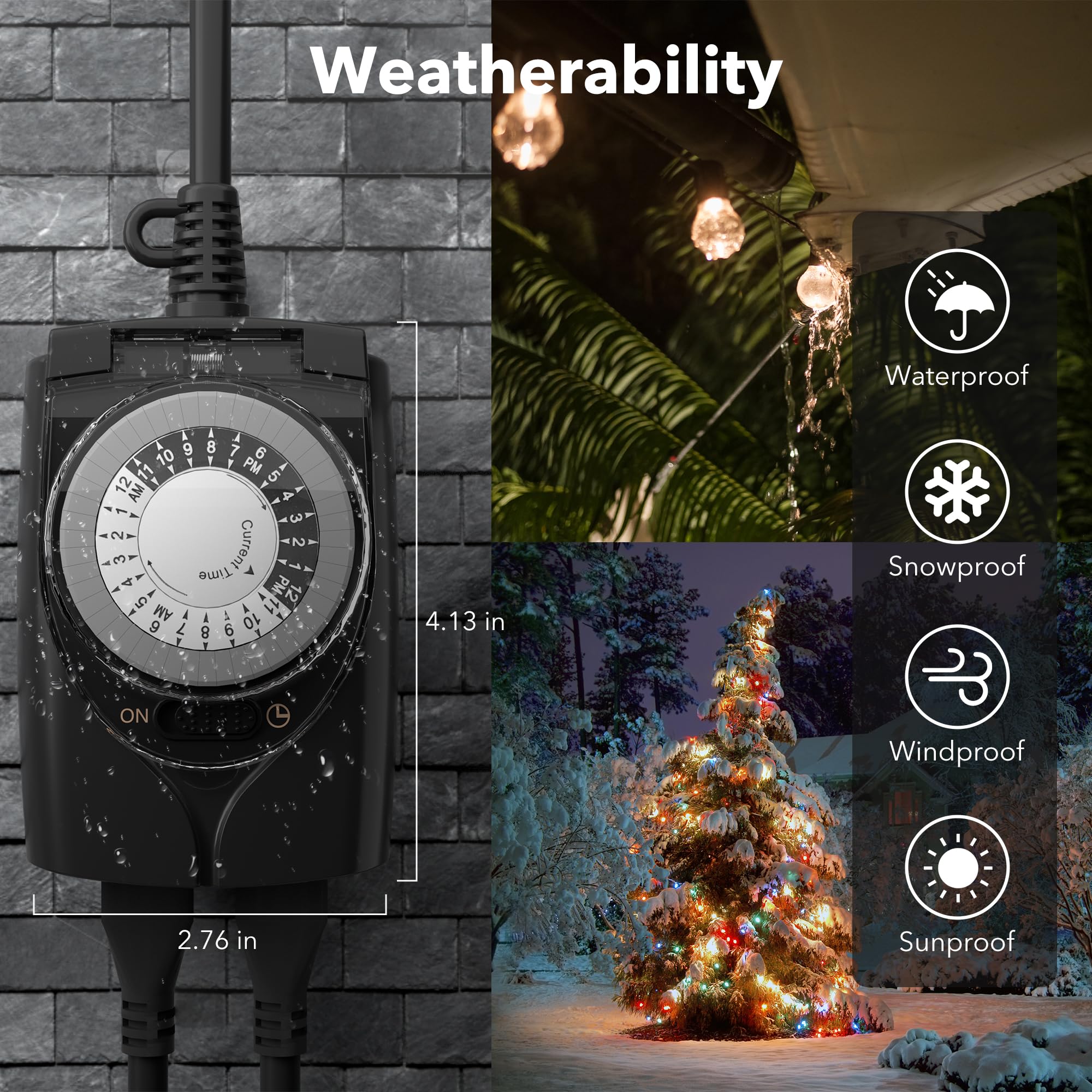 HBN Outlet Timer, 24 Hour Mechanical Outdoor Timer for Pool Pump, Plug in Timer Waterproof, 2 Grounded Timer Outlets for Lights and Holiday Decorations, 15A 1/2HP
