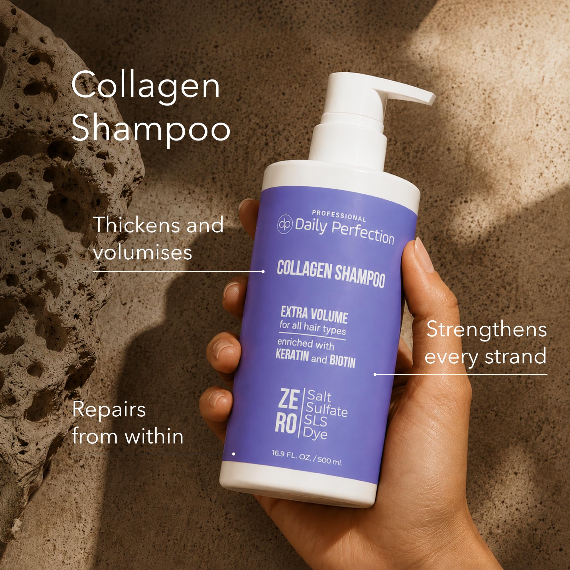 Daily Perfection Collagen Volumizing Shampoo - Extra Volume Daily Cleanser with Biotin and Keratin for All Hair Types - Salt, Sulfate and Paraben Free - 16.9 Fl Oz