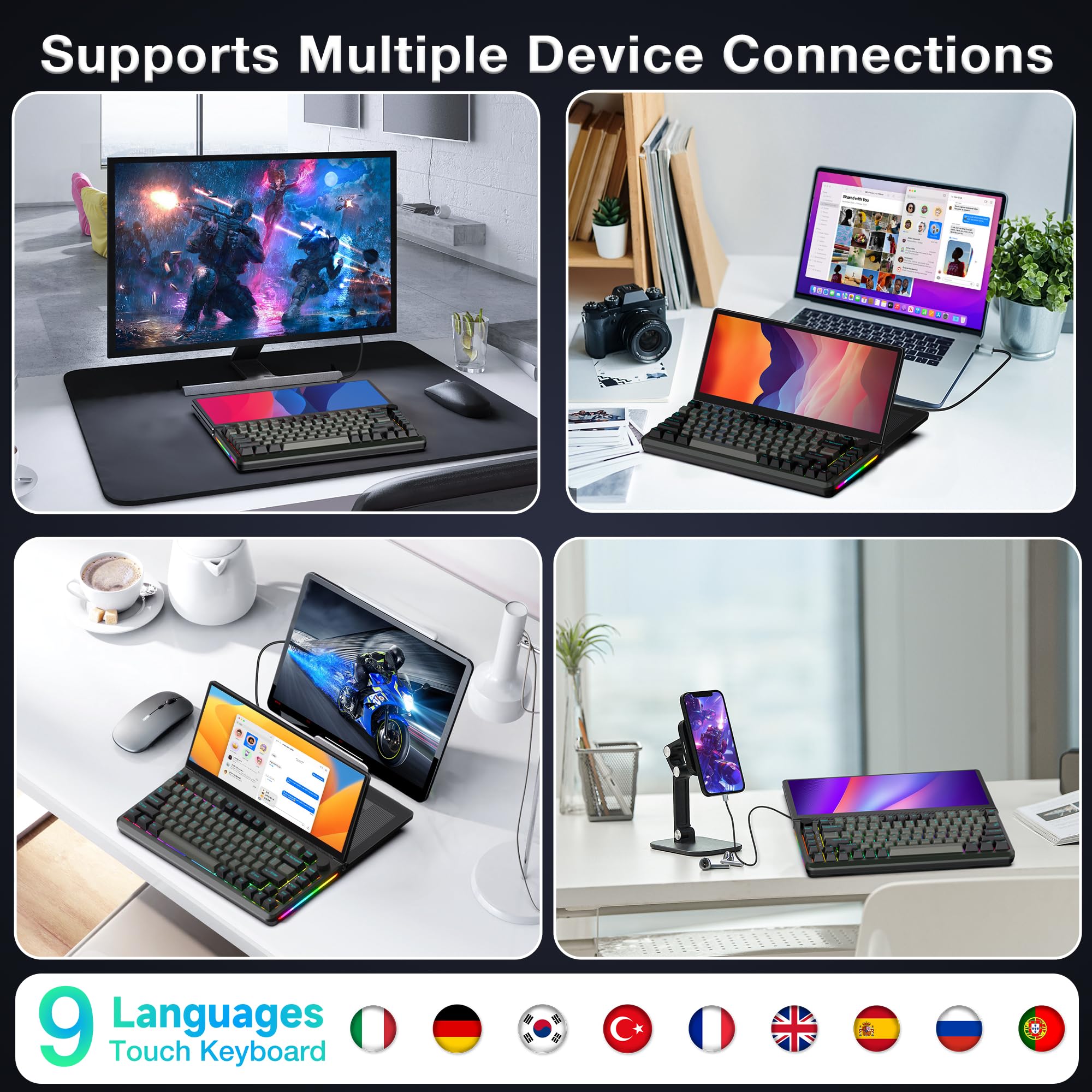 Kwumsy K3 Touchscreen Gaming Mechanical Keyboard - 82 Keys Portable USB Wired RGB LED Backlit N-Key Compact Keyboard, Keyboard With 13" Foldable 0-90 Degree Portable Screen, Plug and Play for Wins Mac