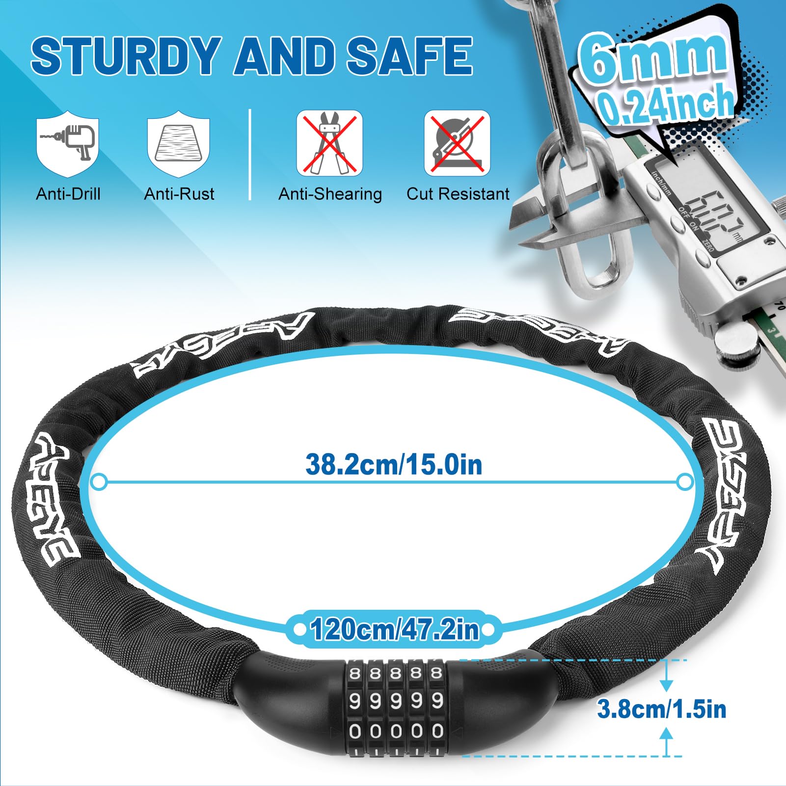 APECYC Bike Chain Lock 5 Digit Combination Bike Locks Heavy Duty Anti Theft 4 ft/47.2 inch Longer Chain Bicycle Lock Hardened Steel Bike Lock for Scooter, E-Bike, Motorcycle, Bicycle