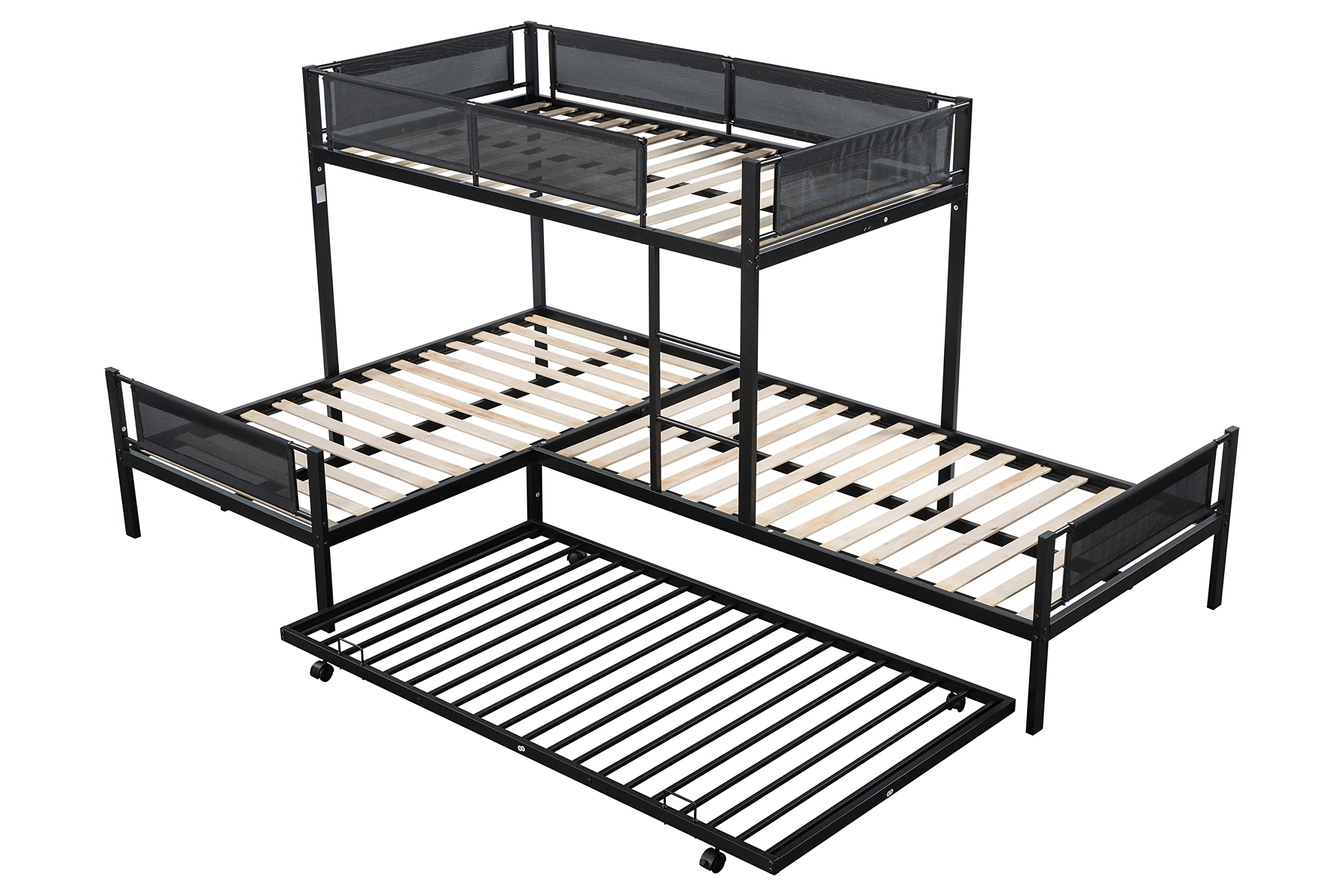 LostCat L-Shape Triple Bunk Bed with Trundle, Twin Over Twin for 4 Kids, Heavy Duty Metal Frame with Safety Guardrail for School, Dormitory, Bedroom, Black
