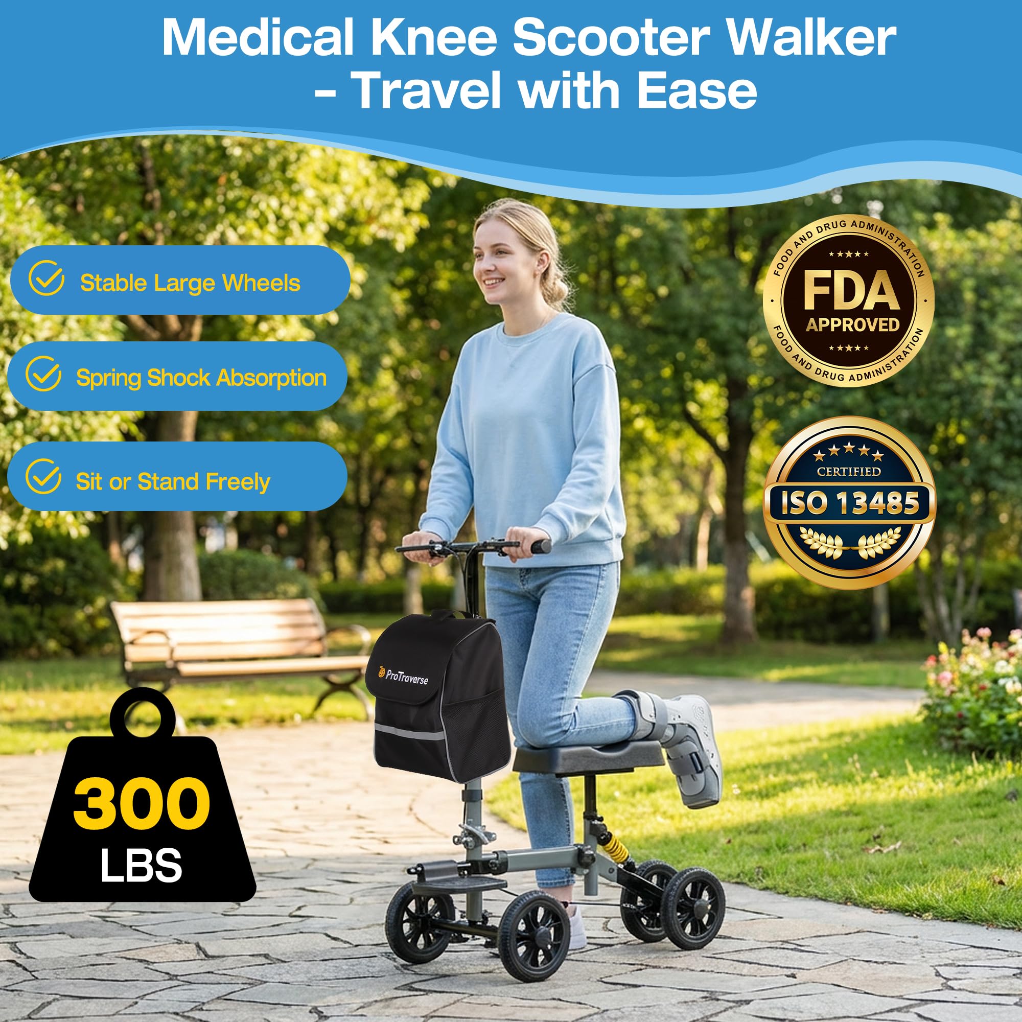 ProTraverse All Terrain Knee Scooter,Foldable & Steerable Knee Walker with Comfort Knee Pad, Dual Brakes,Crutch Alternative for Broken Foot & Ankle Recovery,Grey