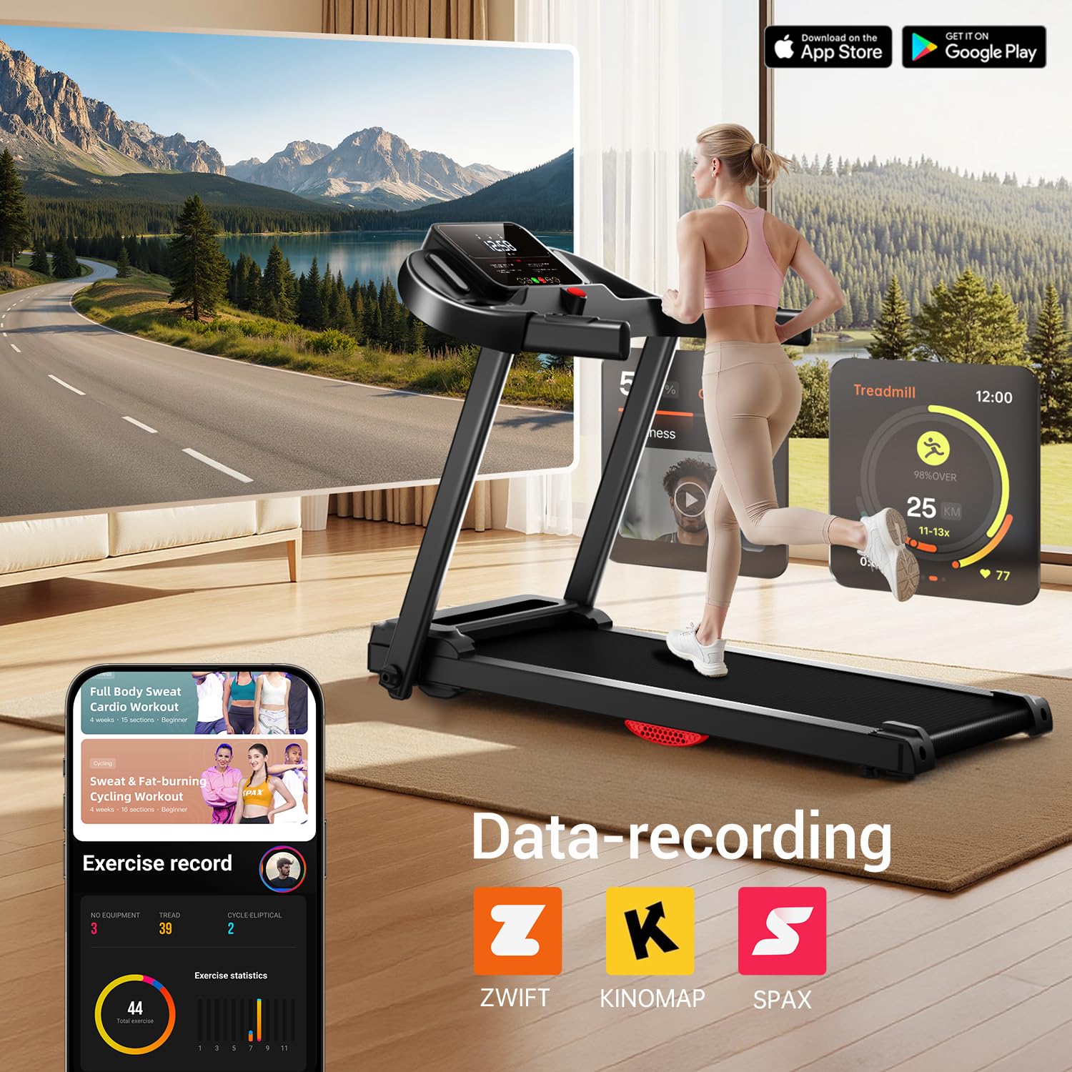 CURSOR FITNESS Home Folding Treadmill with Pulse Sensor, 2.5 HP Quiet Brushless, 7.5 MPH, 265 LBS Capacity