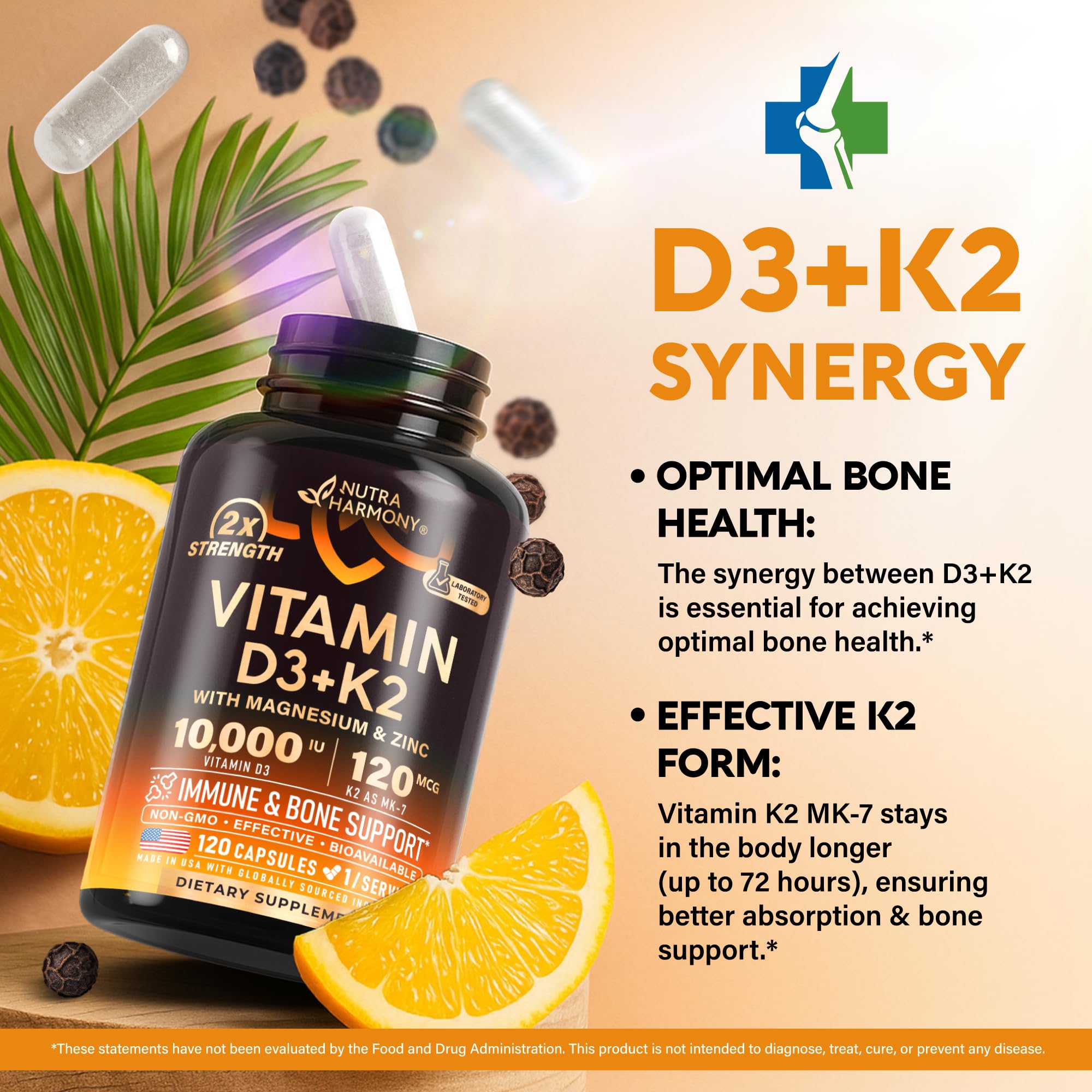 Vitamin D3 K2 - Vitamin D3 10000 iu & K2 as MK-7 120 mcg - Immune & Mood Support, for Bone & Teeth Health - with Magnesium, Zinc & Vitamin C & B12 - Highly Bioavailable - Made in USA, 120 Capsules
