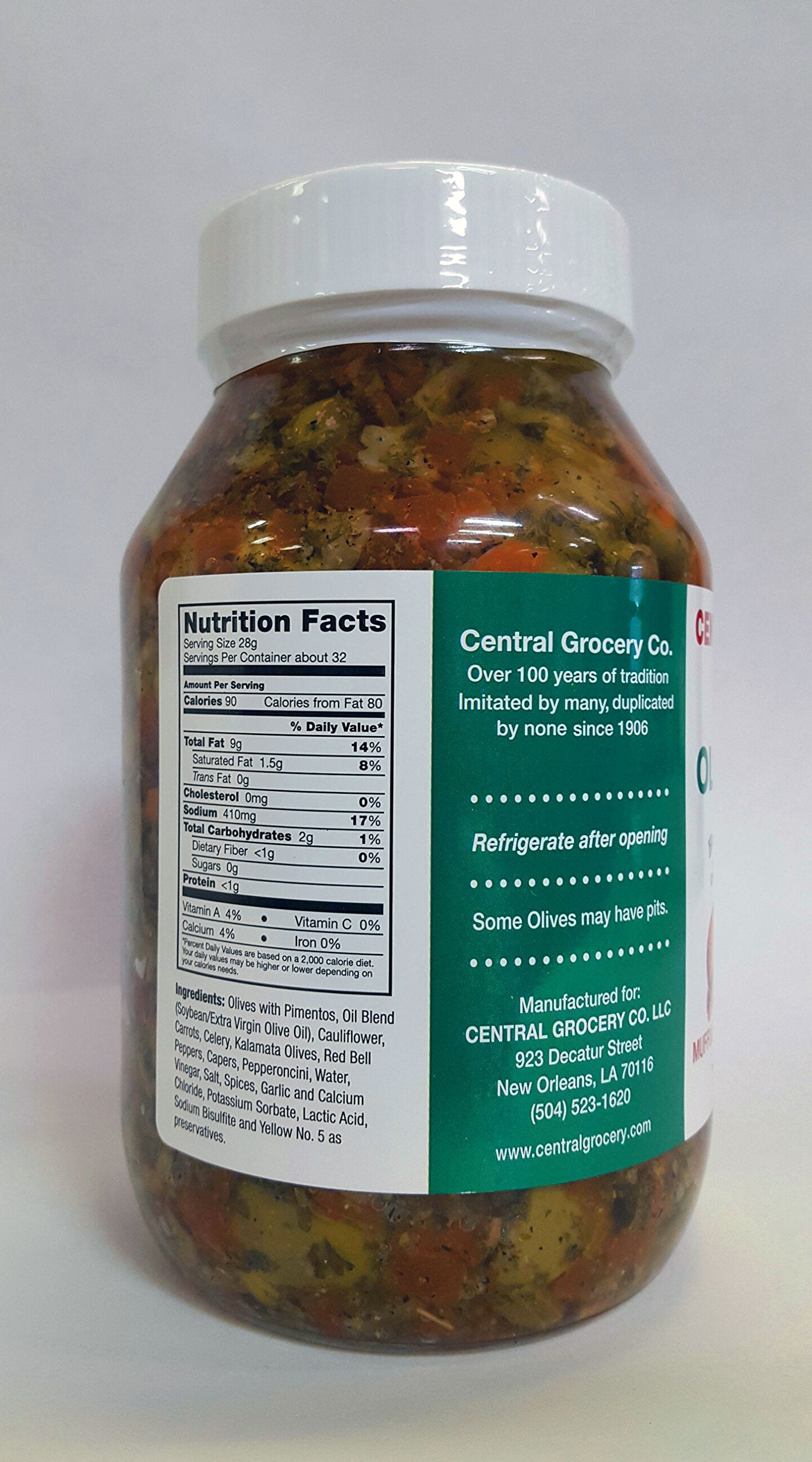 Central Grocery Olive Salad - 32 oz (Pack of 1) Perfect for Muffulettas, Sandwiches, Pizza Toppings, Pastas, Hot Dog Topper, Salads and More