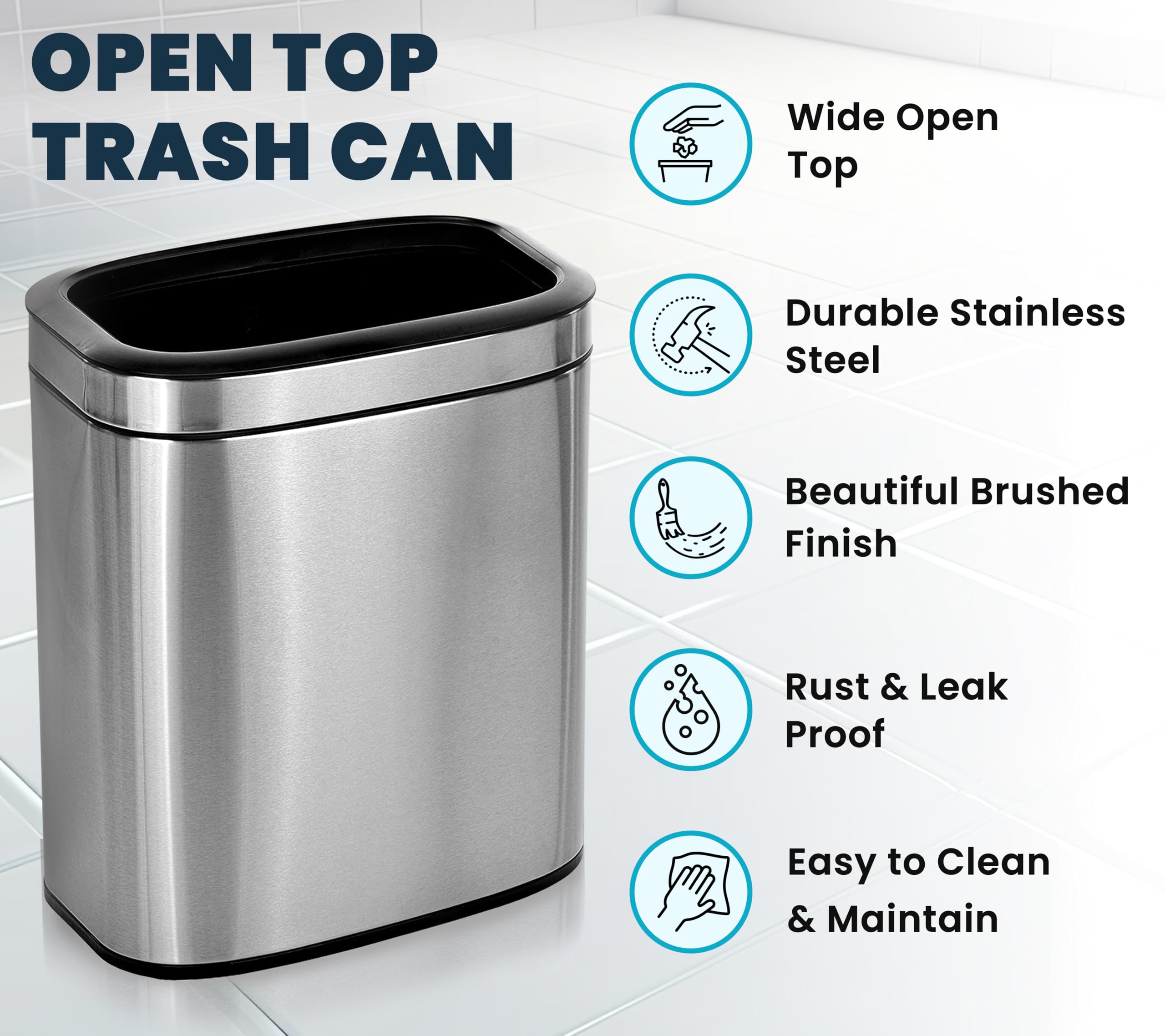 Alpine Stainless Steel Trash Can - Open Top, 20 Liter 5 Gallon Trash Can, Space-Saving Slim Modern Design with Removable Trash Bin, Brushed Stainless Steel Kitchen Trash Can, Silver, 18" x 14" x 9"