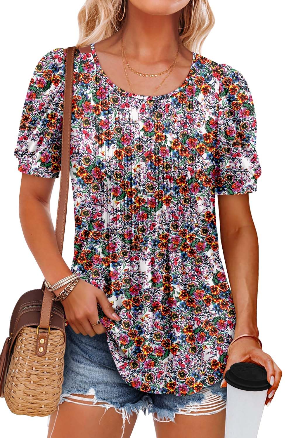 BETTE BOUTIK womens short sleeve tunic tops floral summer crewneck puff sleeve blouses for women Passionflower Medium