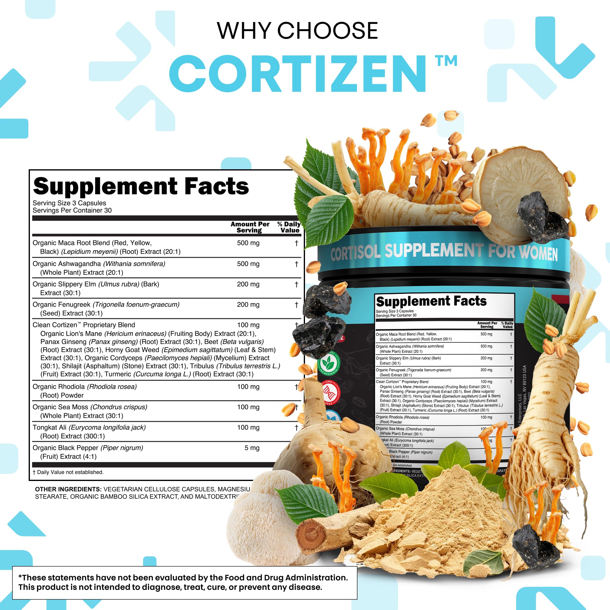 Clean Nutra Cortisol Supplements For Women | Maca Root Ashwagandha Cortisol Detox Manager Reducer + Slippery Elm Fenugreek Lions Mane Shilajit Rhodiola Sea Moss Tongkat Ali Cordyceps Ginseng Beet Root