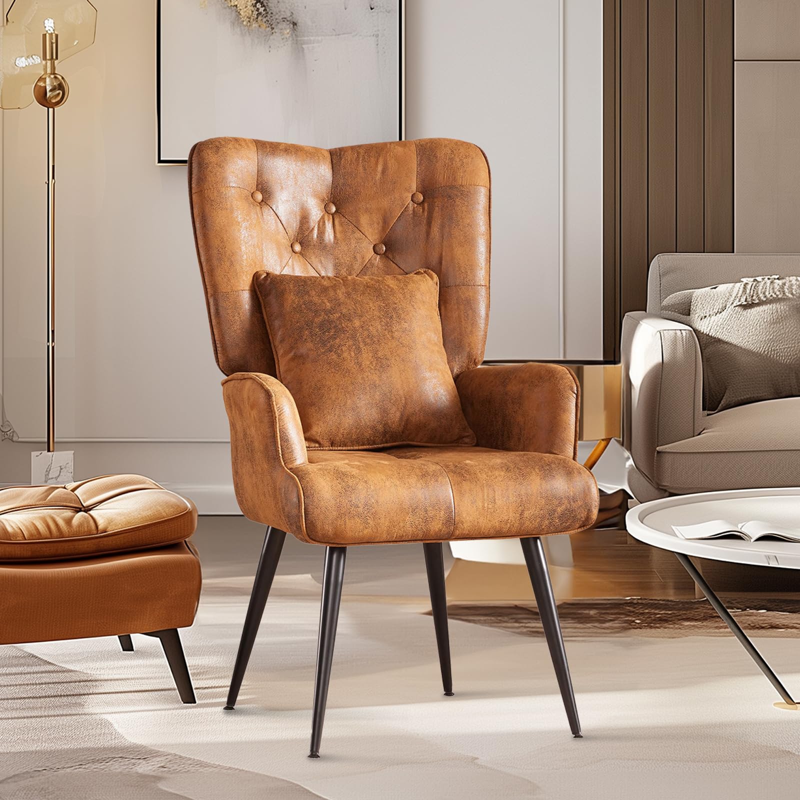 yoyomax Accent Wingback Pillow and Arm, Mid Century Tall Back, Vintage Comfy Upholstered Reading Chair for Living, Bedroom, Dining Room, 40 in, Suede Brown