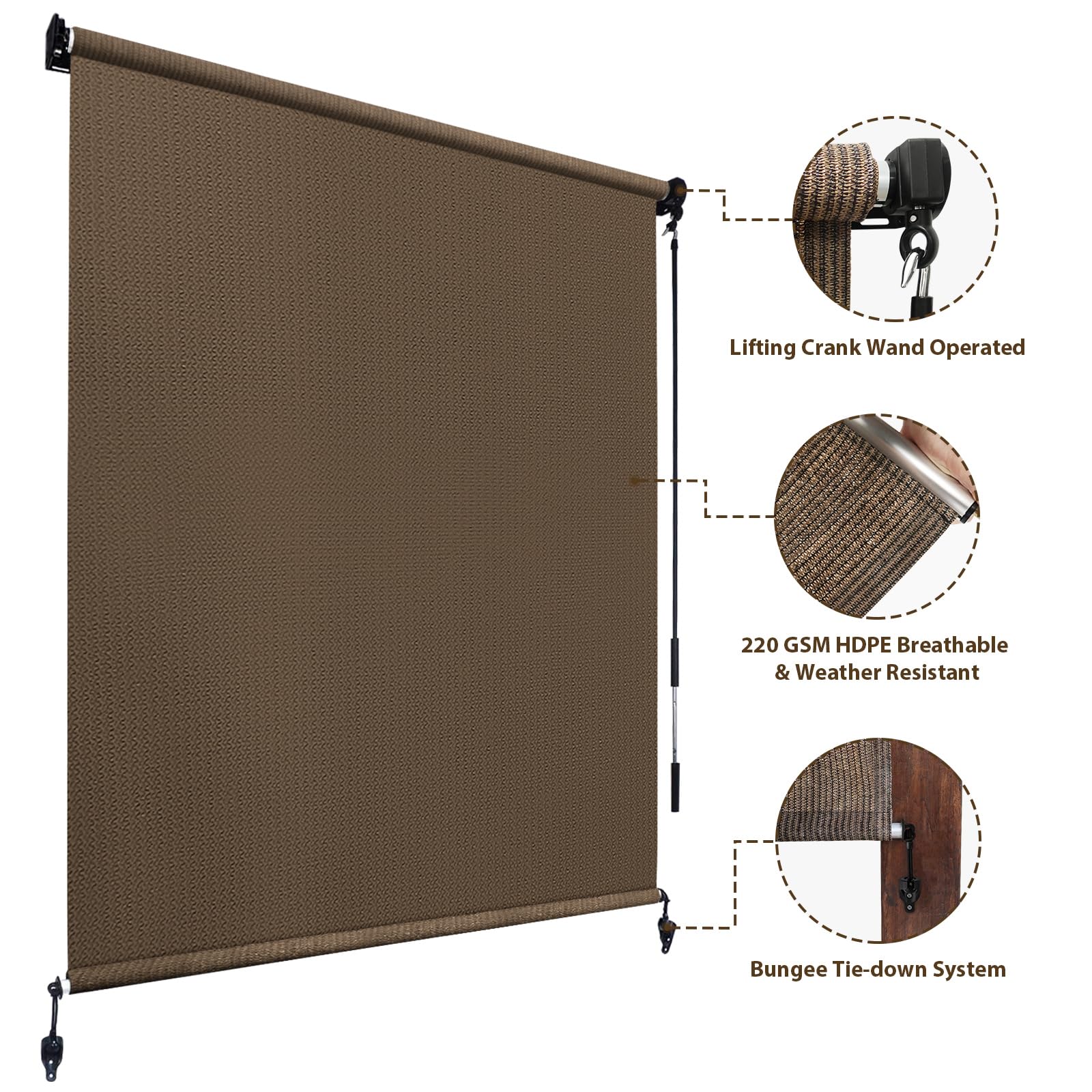 Amagenix Outdoor Roller Shades 7'(W) x 8'(H), Exterior Cordless Patio Shades Roll up Outdoor Blinds for Porch Gazebo, Mocha