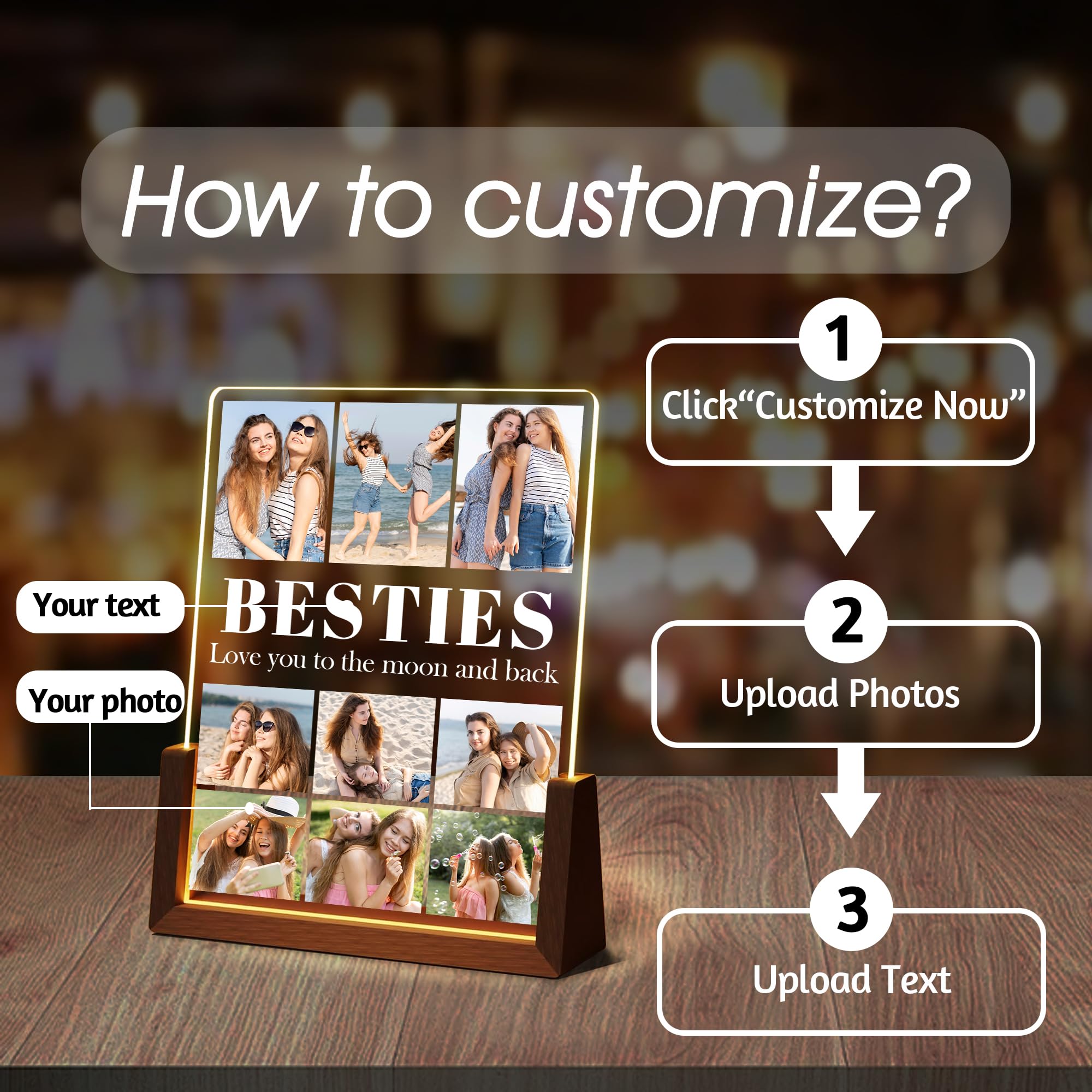 Best Friend Birthday Christmas Gifts For Women, Personalized BFF Light Up Picture Frame, Besties Gifts Acrylic Plaque With Photo Name, Custom Friendship Memories Souvenir Gift For Sister Besties