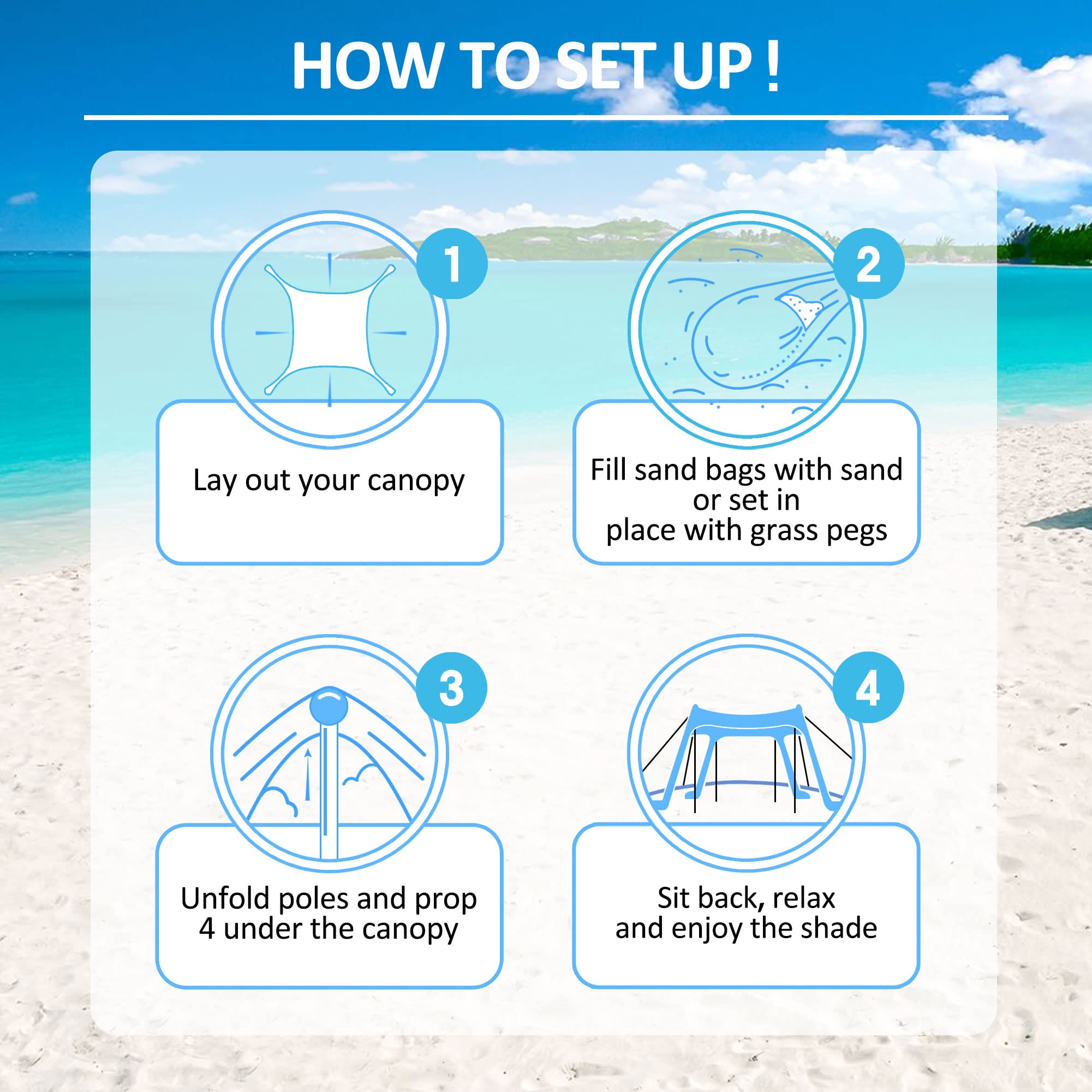 Beach Canopy Beach Tent Sun Shelter 11X11 FT Include Beach Blanket UPF50+ Sun Protection Windproof Ropes 4 Poles Carry Bag Easy to Set Up Extra Large for Outdoor Camping