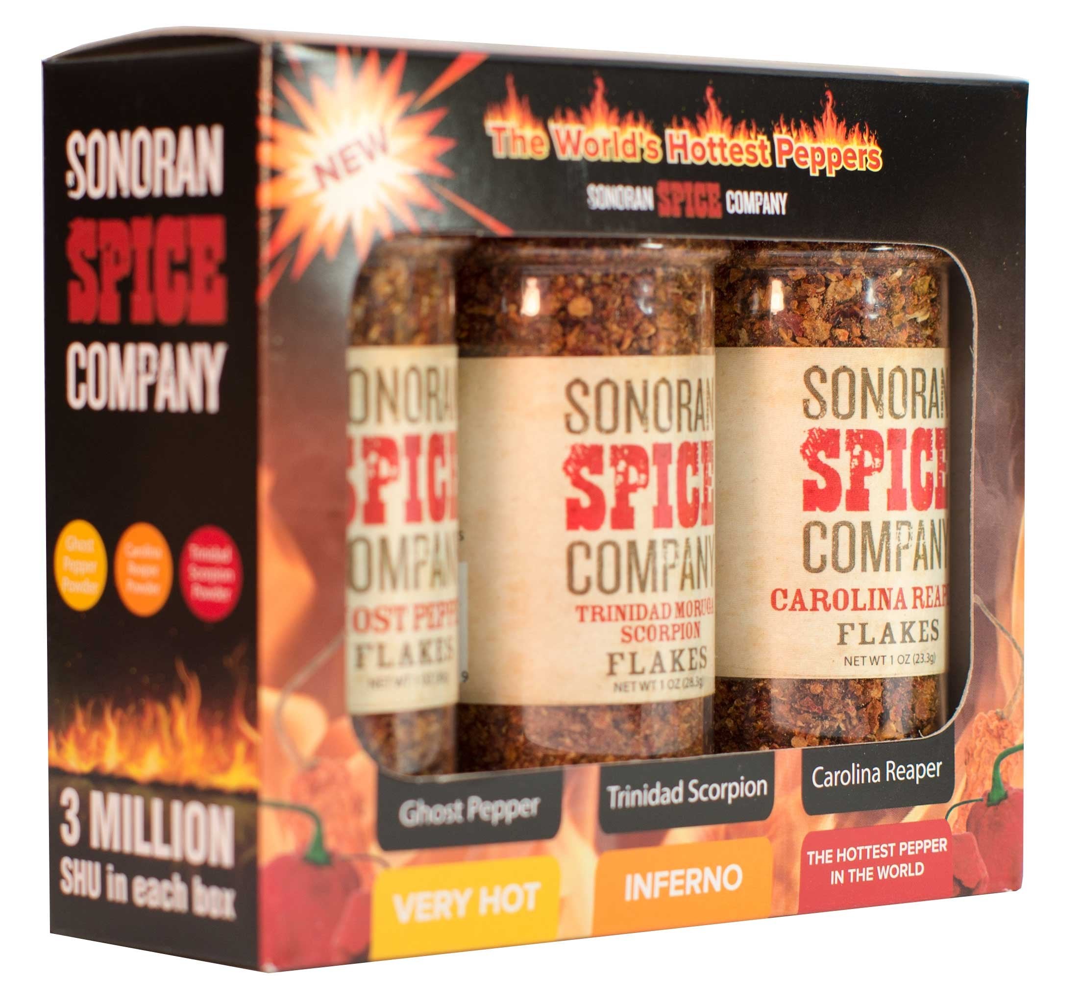 Sonoran Spice Carolina Reaper, Trinidad Scorpion, Ghost Pepper 1 Oz Flakes Gift Box