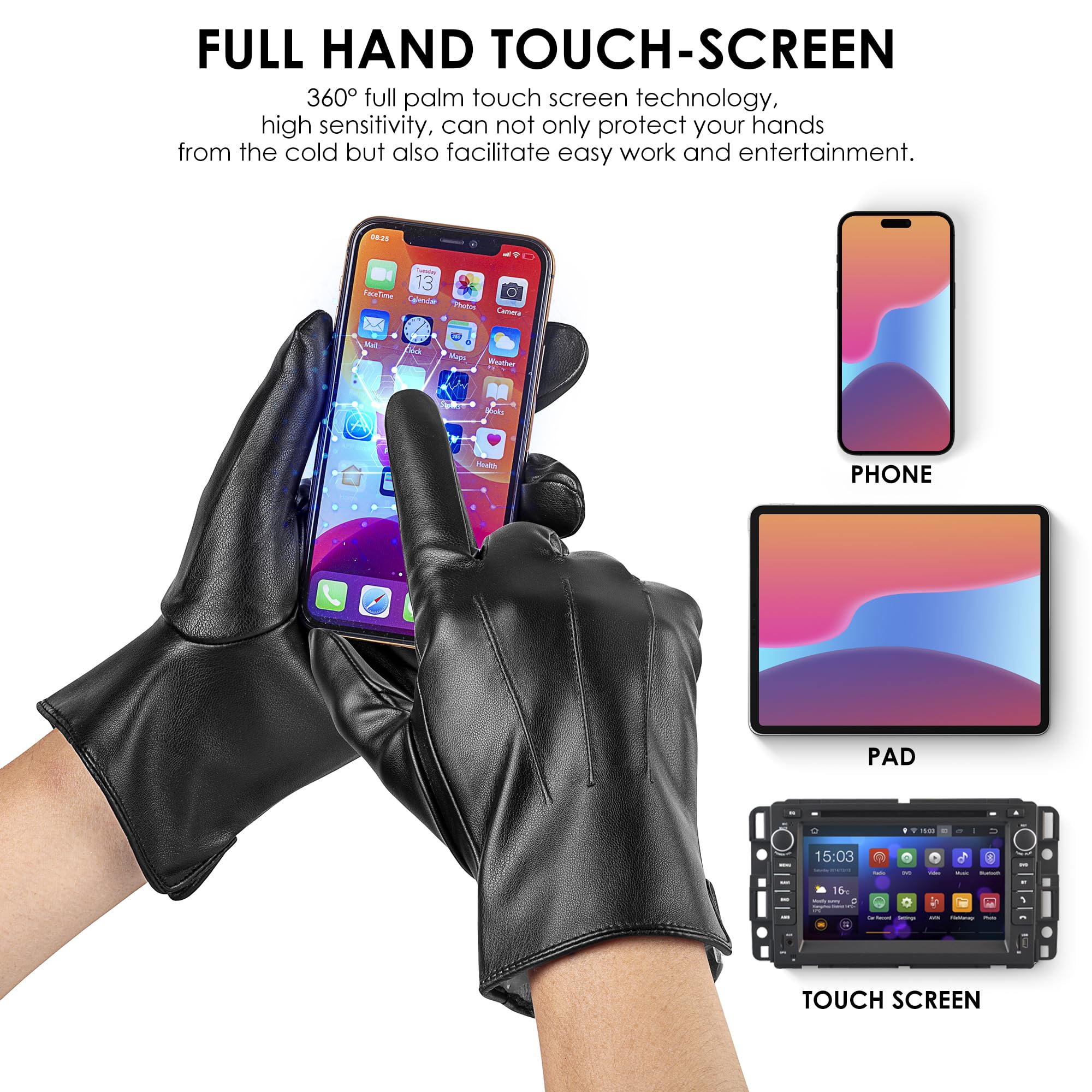 TOSWAKE Leather Gloves for Men 2 Pack, Winter Gloves Men PU Warm Thermal Wool Fleece Lined, Mens Gloves Touchscreen Texting for Driving Motorcycle(Black+Brown-L)