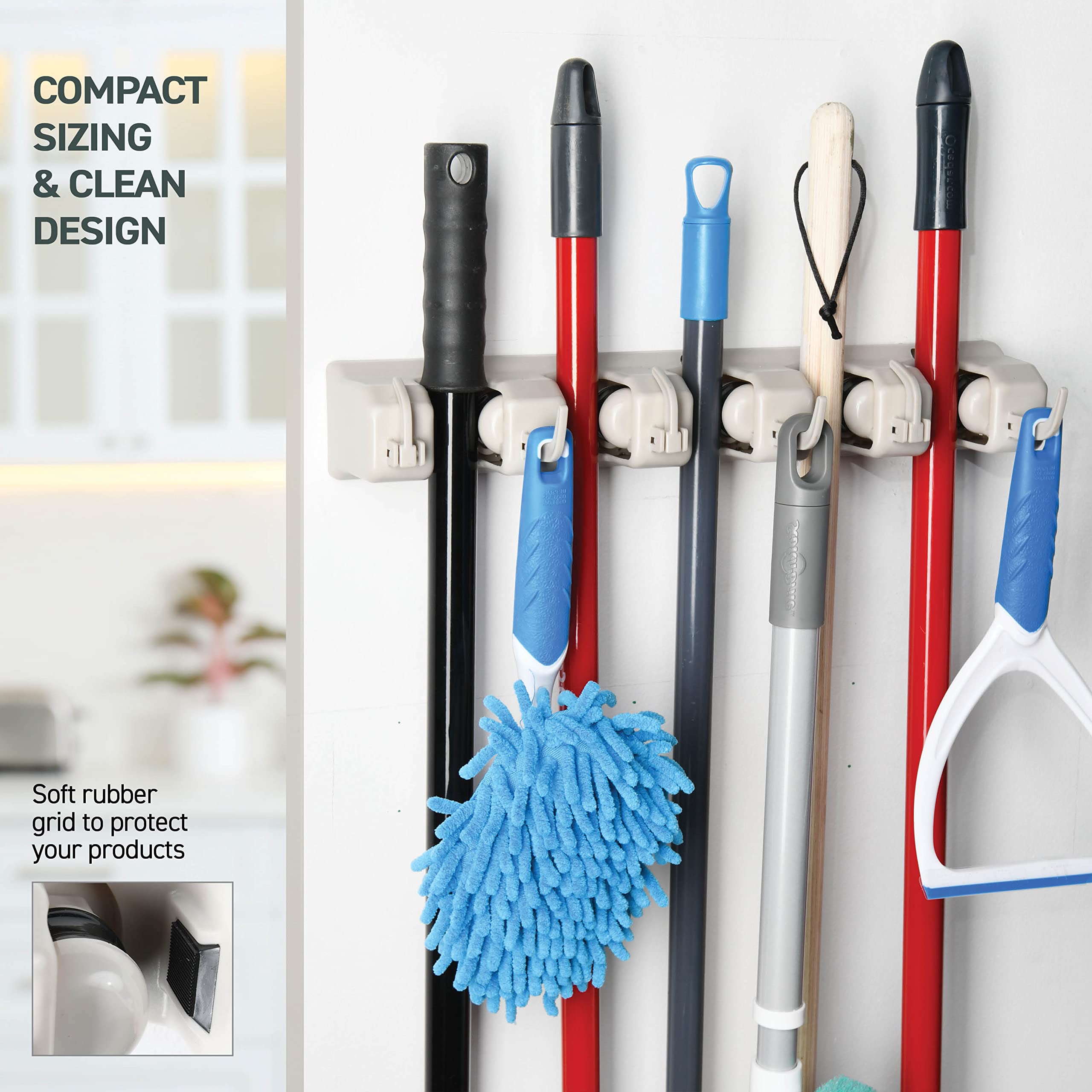 HOME IT Mop And Broom Holder Wall Mount - Garage Storage Systems with 5 Slots, 6 Hooks, 7.5lbs Capacity Per Slot - Garden Tool Organizer For Home, Kitchen, Closet, Garage, Laundry Room - Off-White