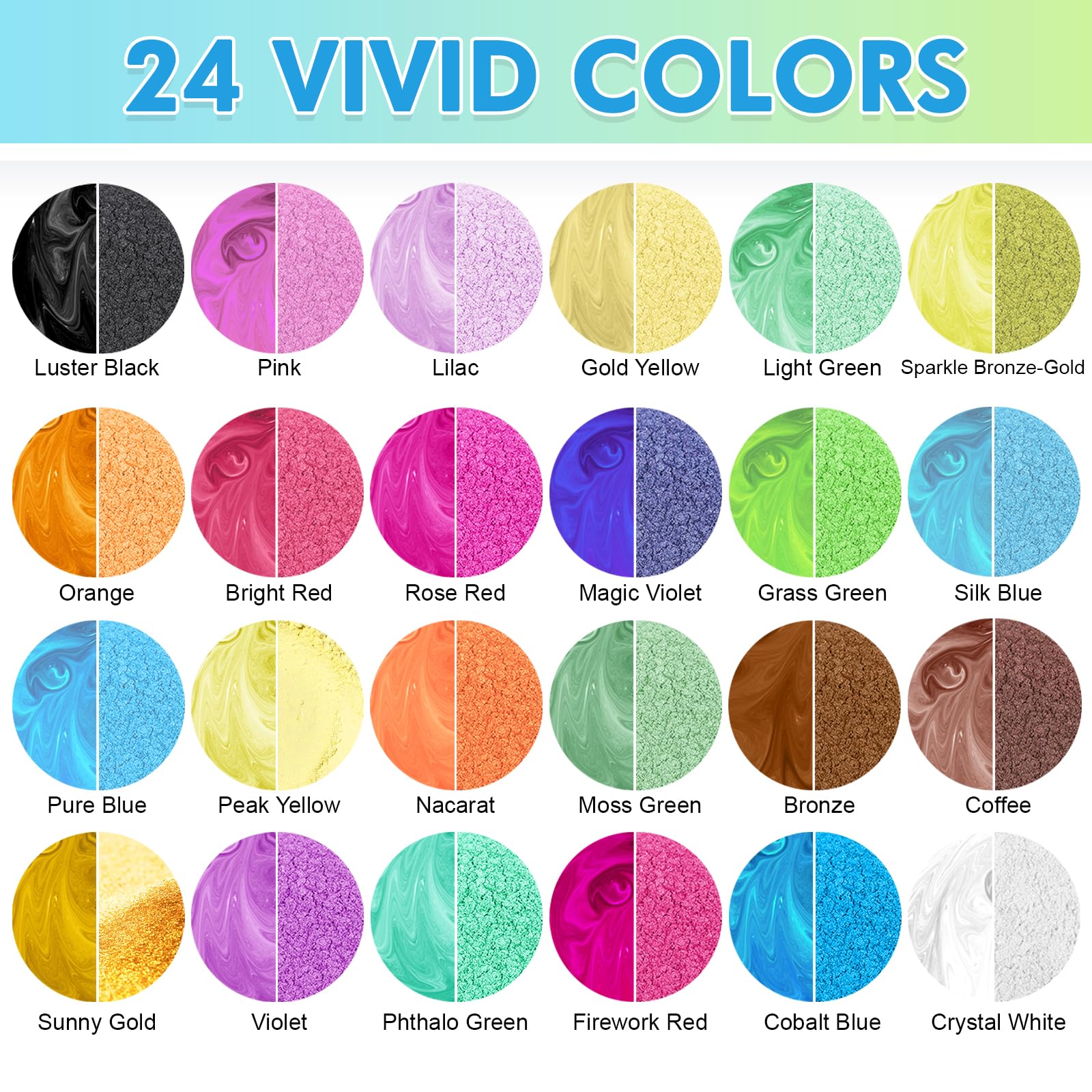CHANGTIKEJI Mica Powder,24 Colors - 10g/Bottle of Natural Pigment Powder for Epoxy Resin,Soap Making,Candle Making,Lip Gloss,Car Freshies,Dye,Nail Polish,Bath Bombs