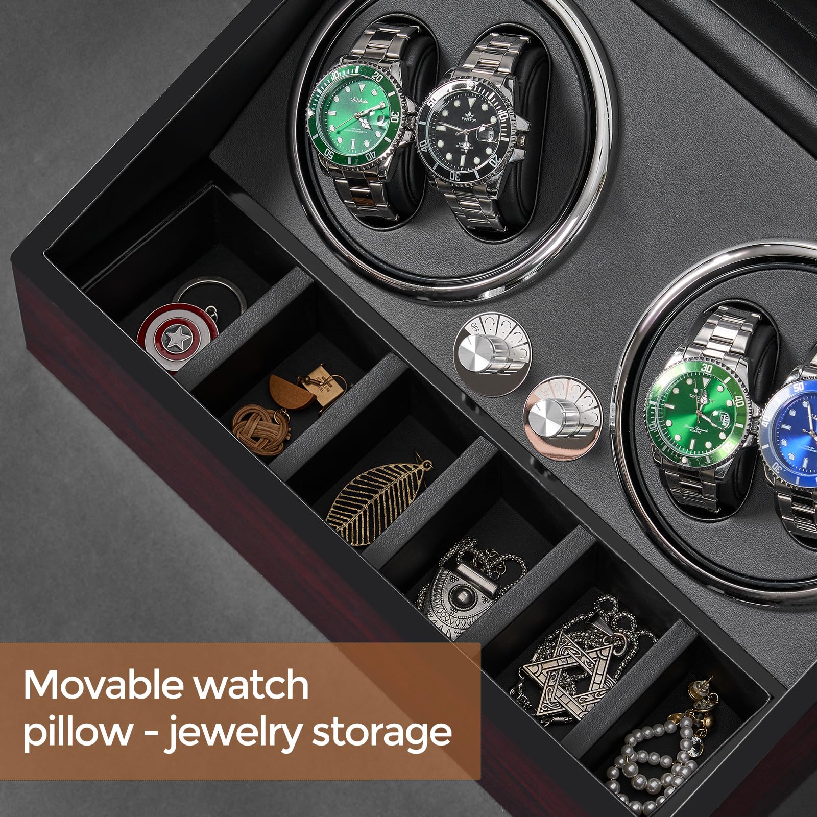 ANWBROAD Watch Winder for Automatic Watches 4 Watch Rotator and 6 Extra Storages with Super Quiet Mabuchi Motor LED Backlight Watch Turner Piano Paint Watch Shaker 5 Rotating Modes Gift USB UJWW002Y