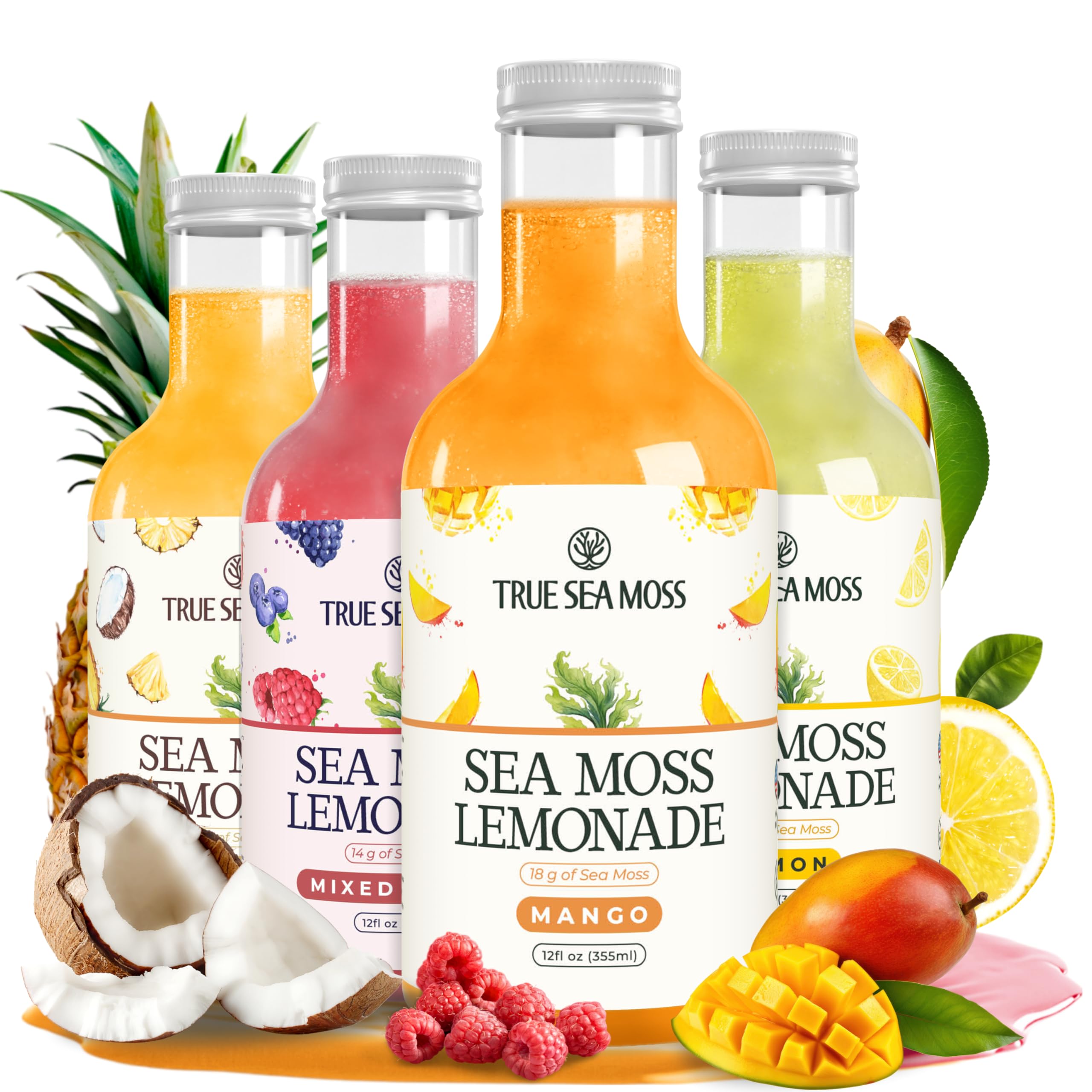 TrueSeaMoss Sea Moss Lemonade Variety Pack – 4 Flavors Sampler: Lemon, Mango, Berry, Pina Colada – Vegan Hydration Drink – 4 x 12 fl oz Bottles – Made in USA