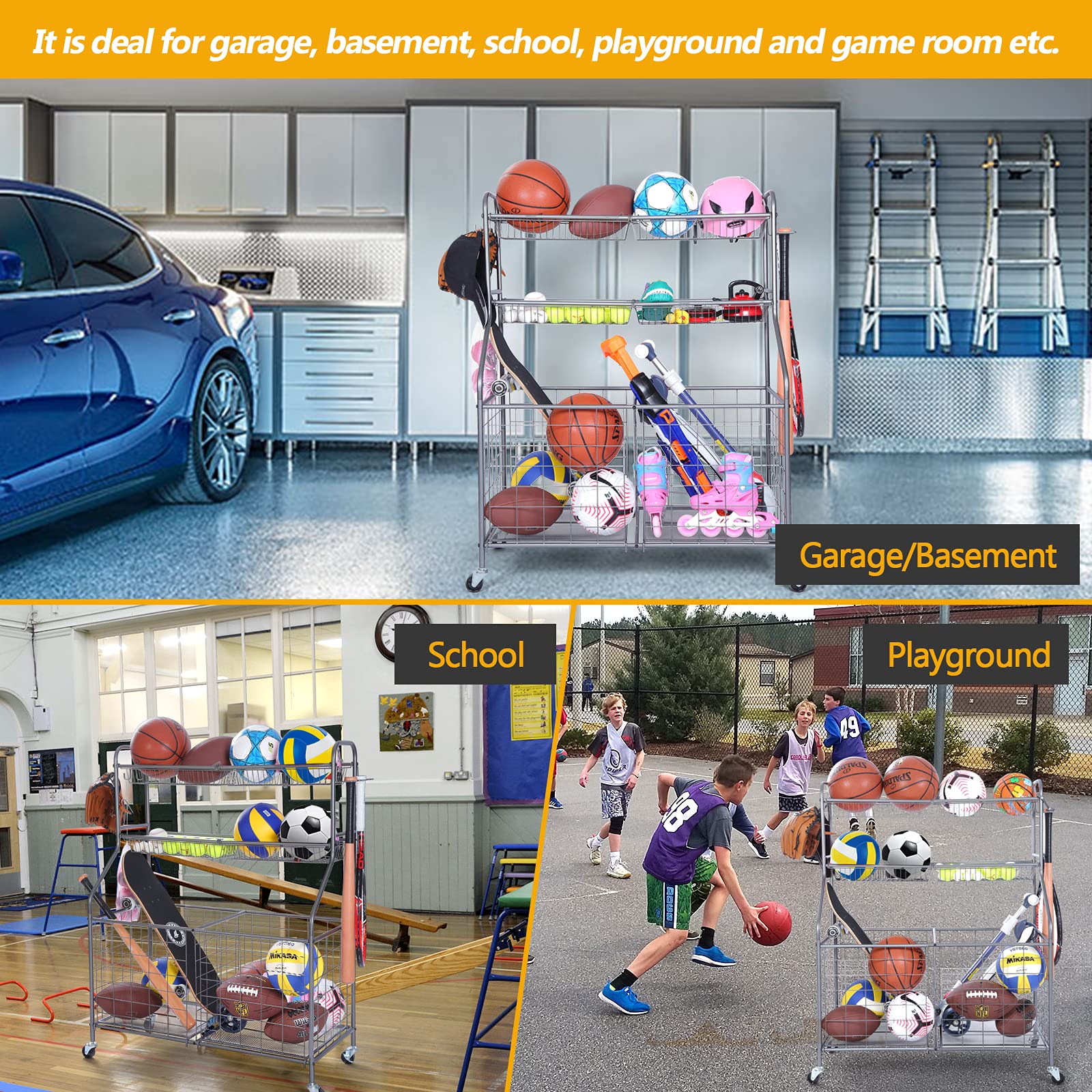 Kinghouse Garage Sports Equipment Organizer, Ball Storage Rack, Toy Storage, Nerf Gun Organization on Wheels for School, Garage, Black, Steel (Grey)