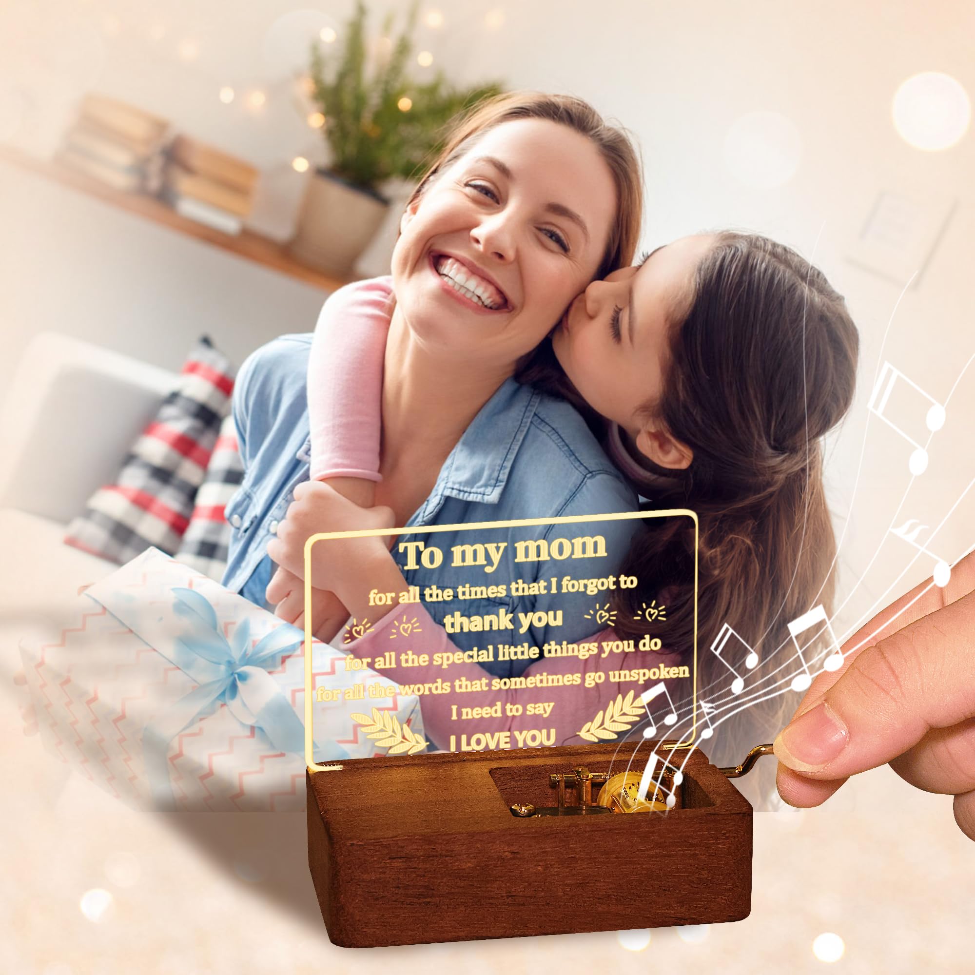 OkiyiD Gifts for Mom, Mom Birthday Gifts from Daughter Son, You are My Sunshine Music Box Hand Crank Engraved - Lighting Musical Box Idea