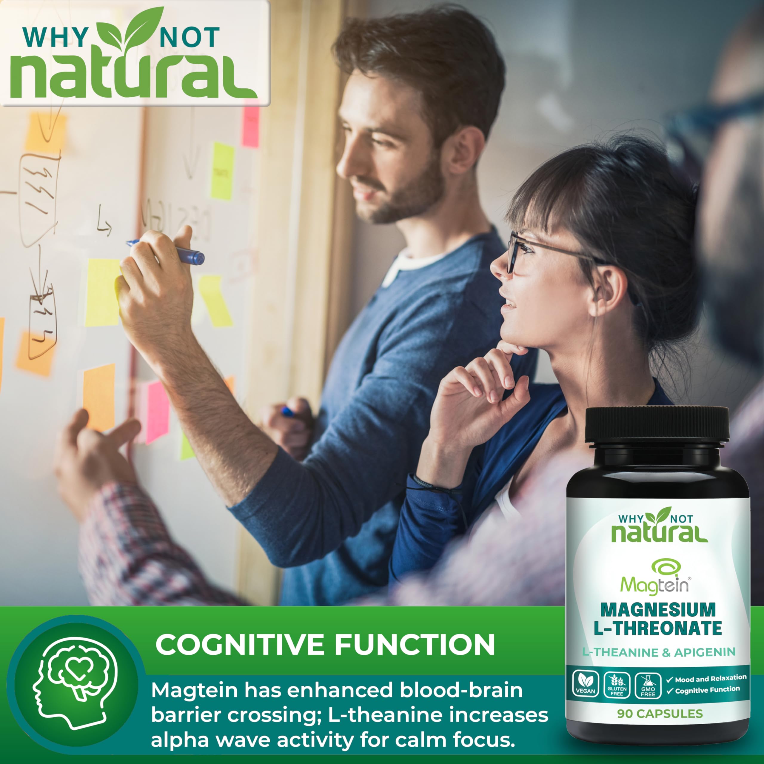Why Not Natural Magnesium L-Threonate Complex with Apigenin and L-theanine 90 Capsules, Patented Magtein Supplement, Sugar Free, Vegan, Non-GMO, Gluten Free, 90 Capsules
