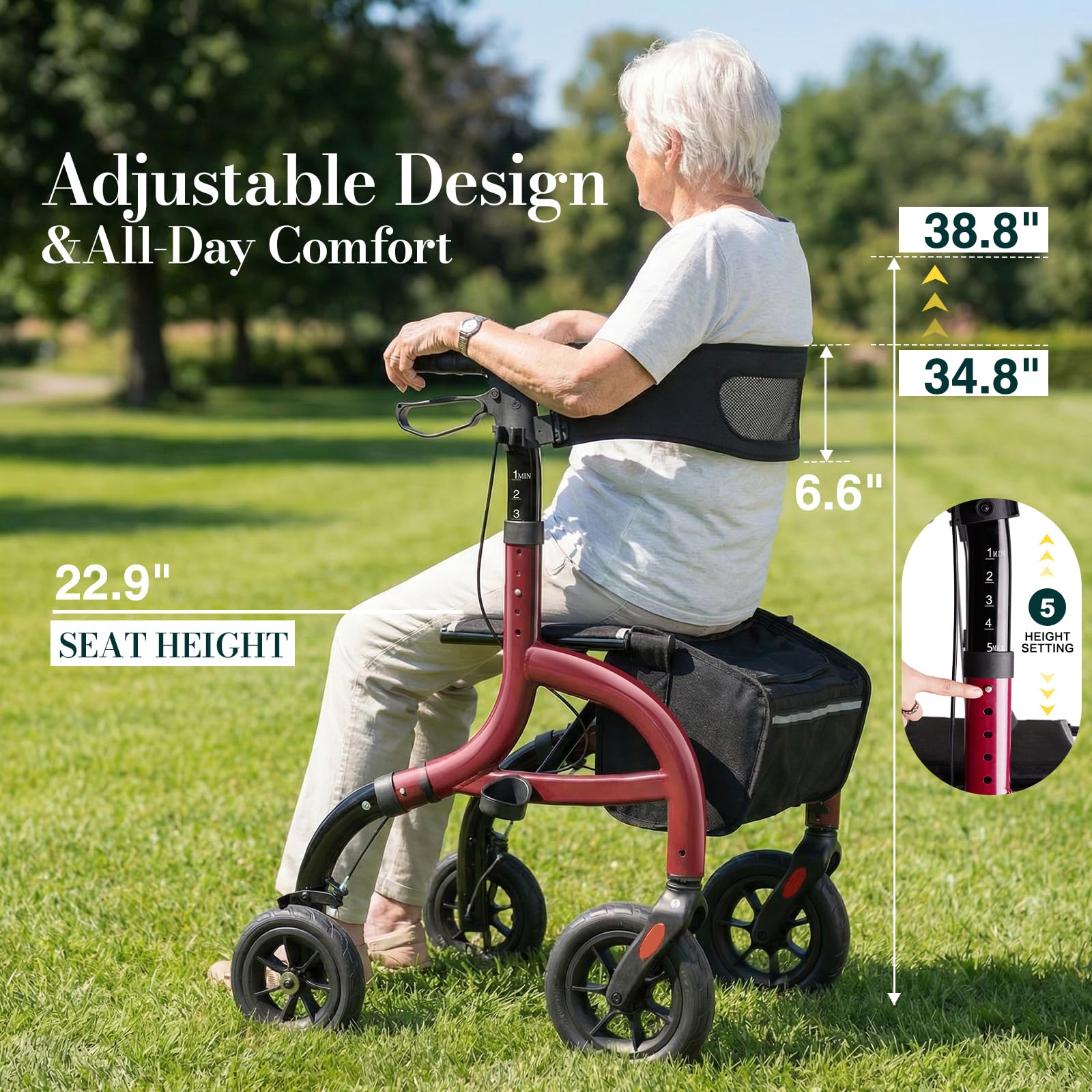 HolyHeal Walkers for Seniors, Rollator Walker with Seat and Backrest, 10" Big Wheels All Terrain, Rolling Walker Foldable Supports 350lb, Lightweight & Height Adjustable, Cane & Cup Holder, Burgundy