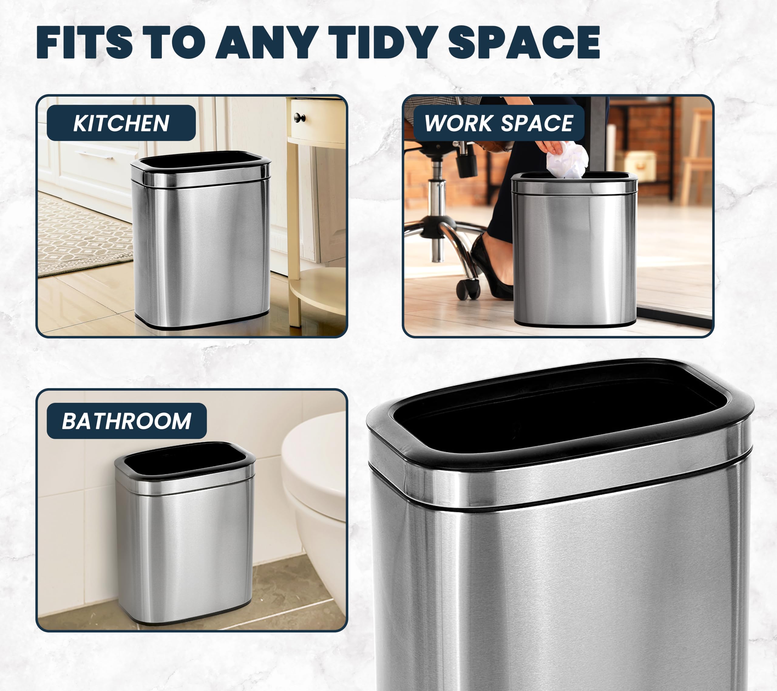 Alpine Stainless Steel Trash Can - Open Top, 20 Liter 5 Gallon Trash Can, Space-Saving Slim Modern Design with Removable Trash Bin, Brushed Stainless Steel Kitchen Trash Can, Silver, 18" x 14" x 9"