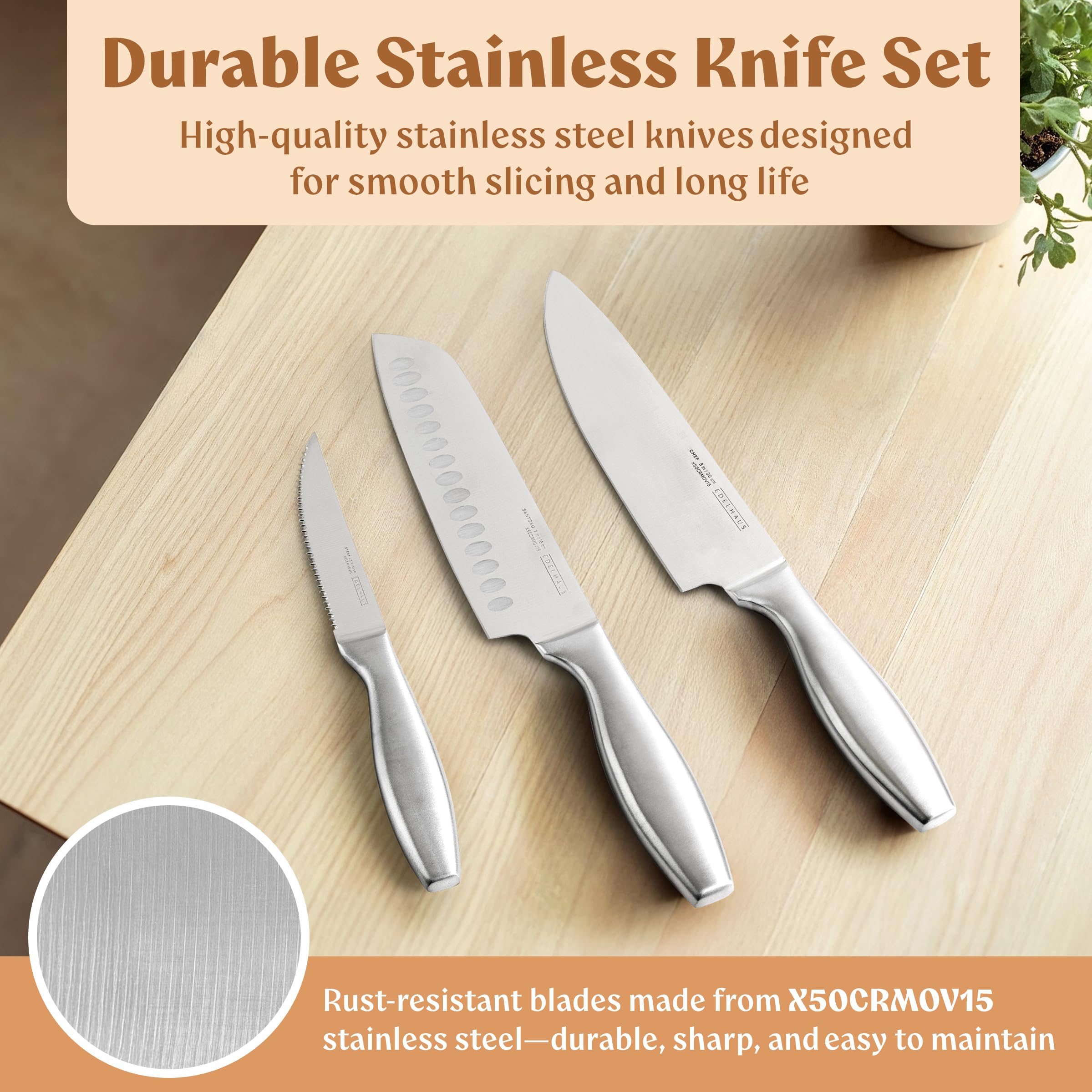 EDELHAUS Knife Set with Block – 9 pcs Stainless Steel Kitchen Knife Block Set - Professional Knife Block with Sharpener and Scissors - Kitchen Knife Set with Acacia Wood Block & Steel Handles