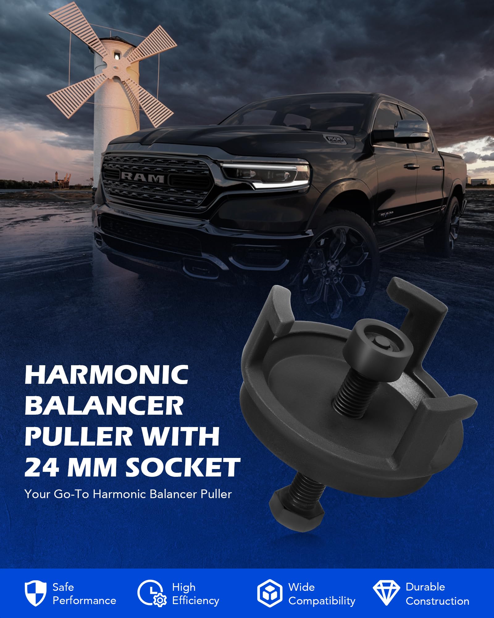 Orion Motor Tech Harmonic Balancer Puller for Engine Balancer Removal Replacement, LS Crank Pulley Puller Compatible with GM Chrysler Jeep Dodge, Harmonic Damper Puller with 24MM Socket