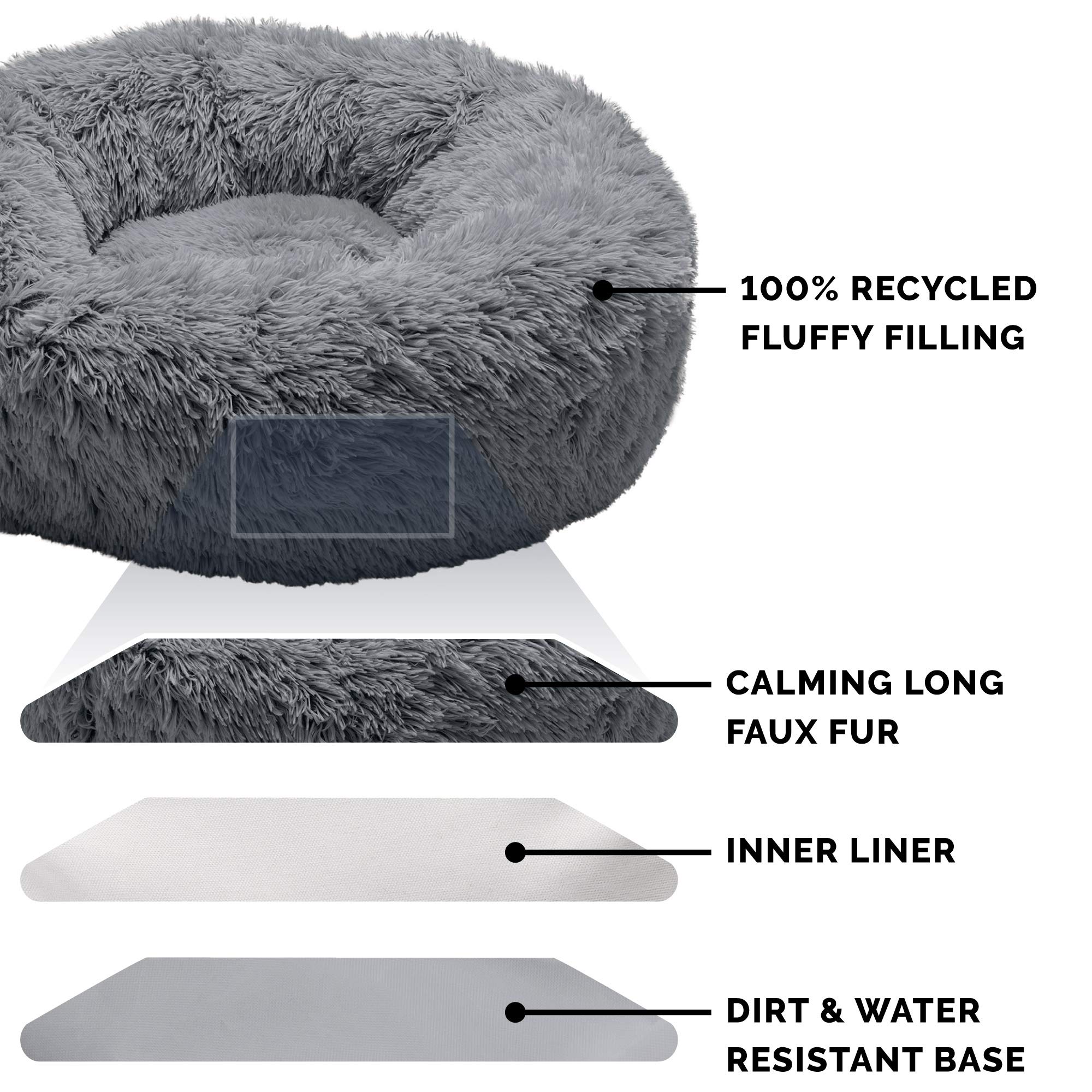 Furhaven 45" Round Calming Donut Dog Bed for Large Dogs, Refillable w/ Removable Washable Cover, For Dogs Up to 90 lbs - Shaggy Plush Long Faux Fur Donut Bed - Gray, Jumbo/XL