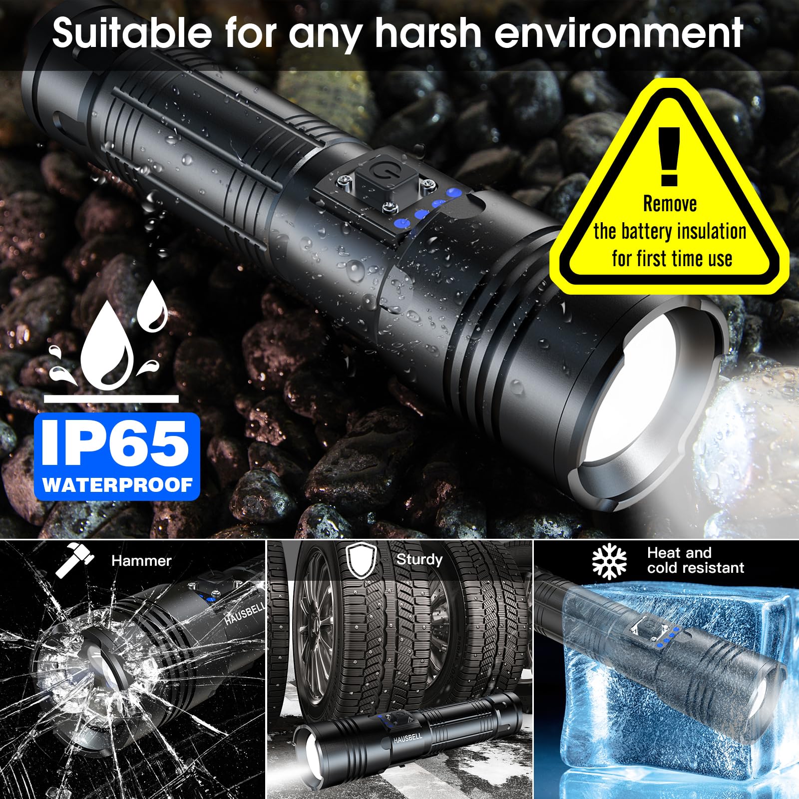 HAUSBELL Rechargeable LED Flashlights High Lumens, 20000 Lumens Super Bright Zoomable Waterproof Flashlight with 5 Modes, Input and Output, Powerful Handheld Flashlight (A300-2 Pack)