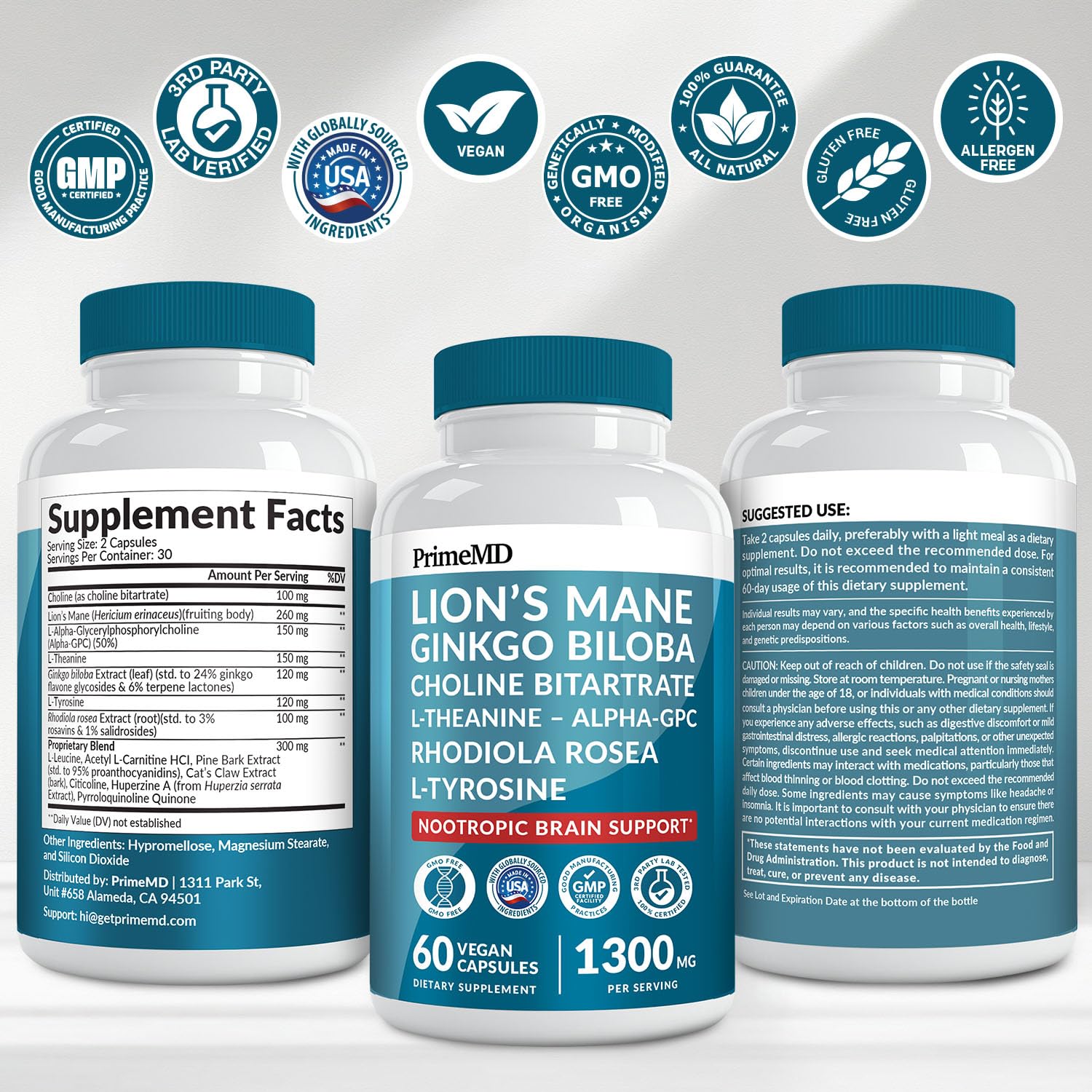 14-in-1 Lions Mane Supplement Capsules - Nootropic Brain Supplement with Ginkgo Biloba for Brain Support, Memory and Focus - Alpha GPC, L Theanine & Choline Supplements with 1300mg Per Serving (60 ct)