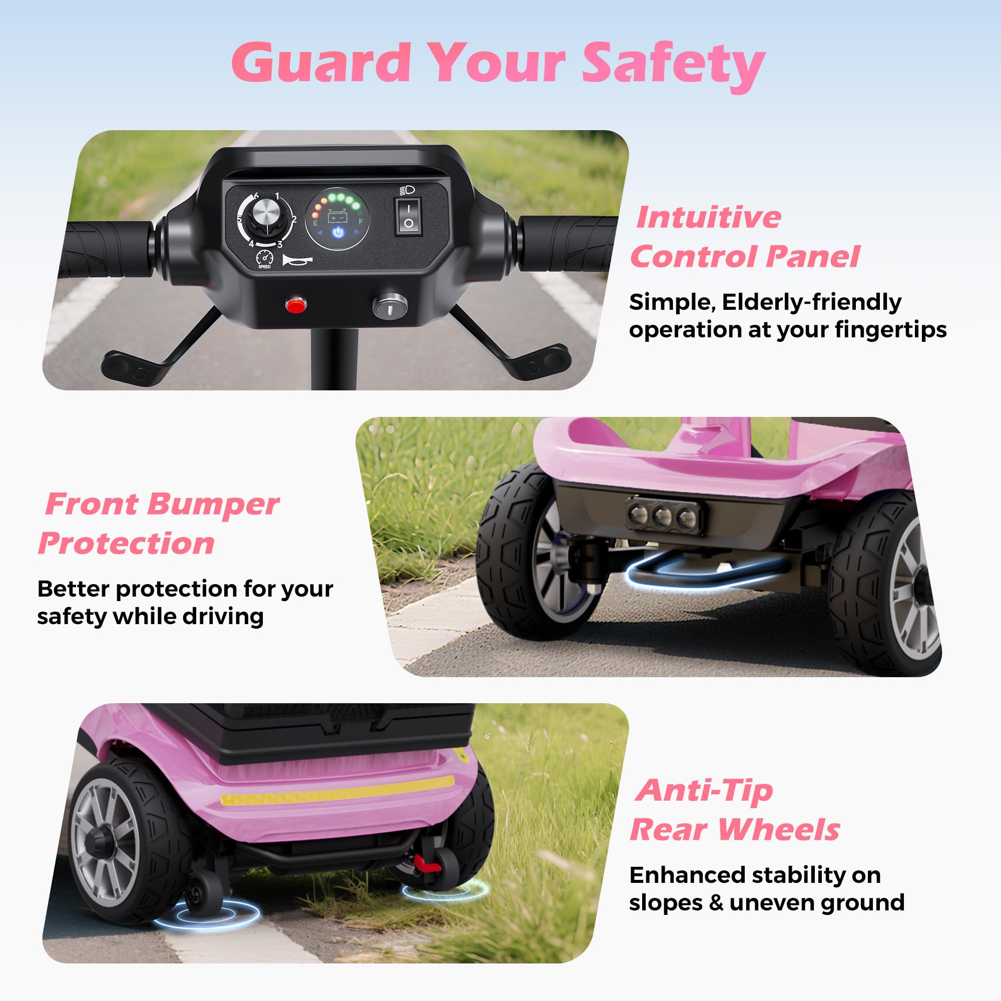4-Wheel Mobility Scooter for Adults – Foldable Portable Motorized Scooters with 330lbs Capacity, Detachable Battery, Dual Baskets, Cup & Phone Holder, Pink
