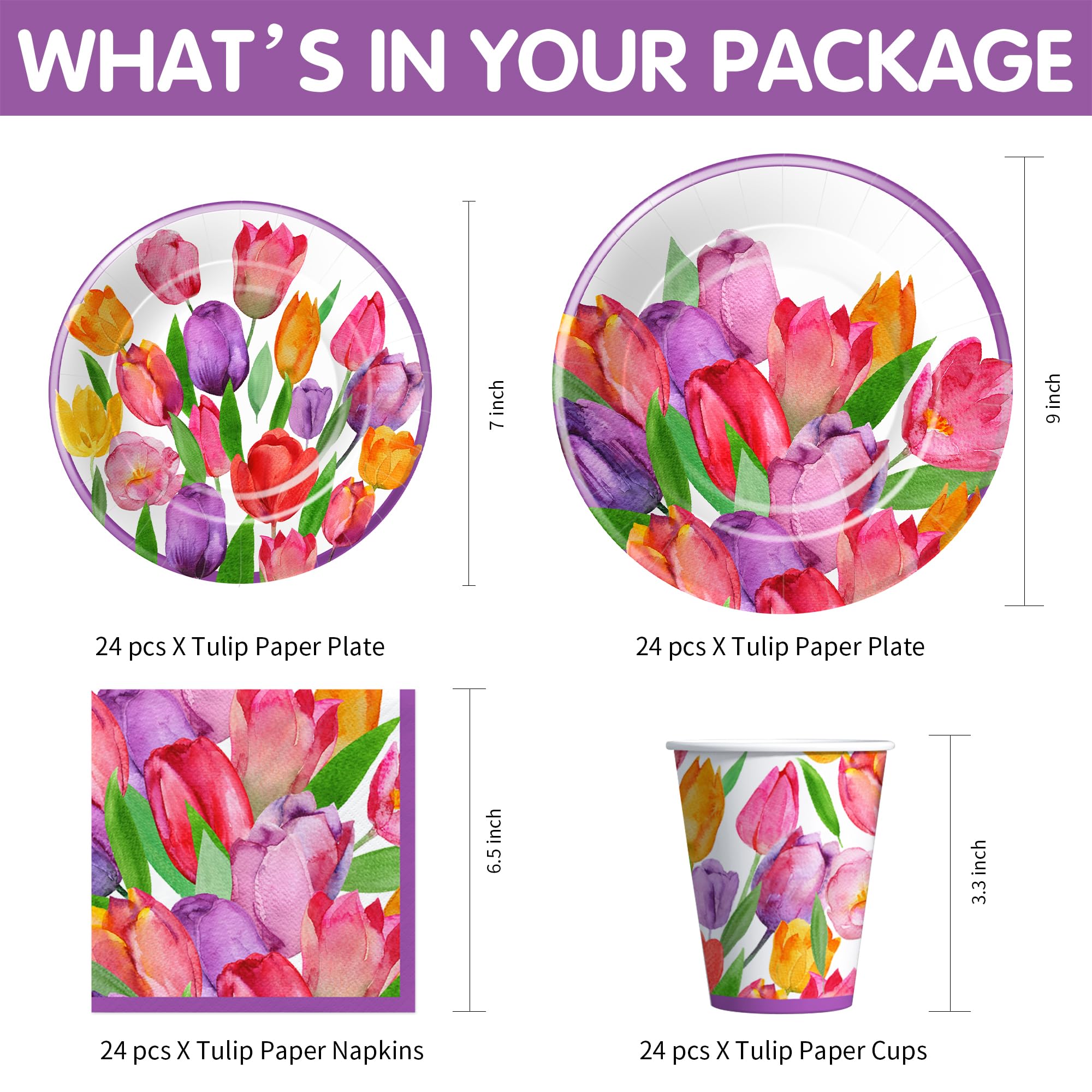 APOWBLS Tulip Floral Plates And Napkins Party Supplies, Tulip Flower Party Decorations Tableware, Plate, Cup, Napkin, Spring Summer Tulip Party Supplies For Birthday Baby Shower Tea Party | Serve 24